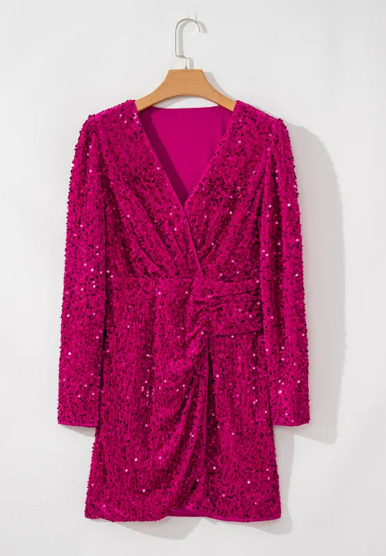 Sequin Surplice Long Sleeve Mini Dress - Girly Tea