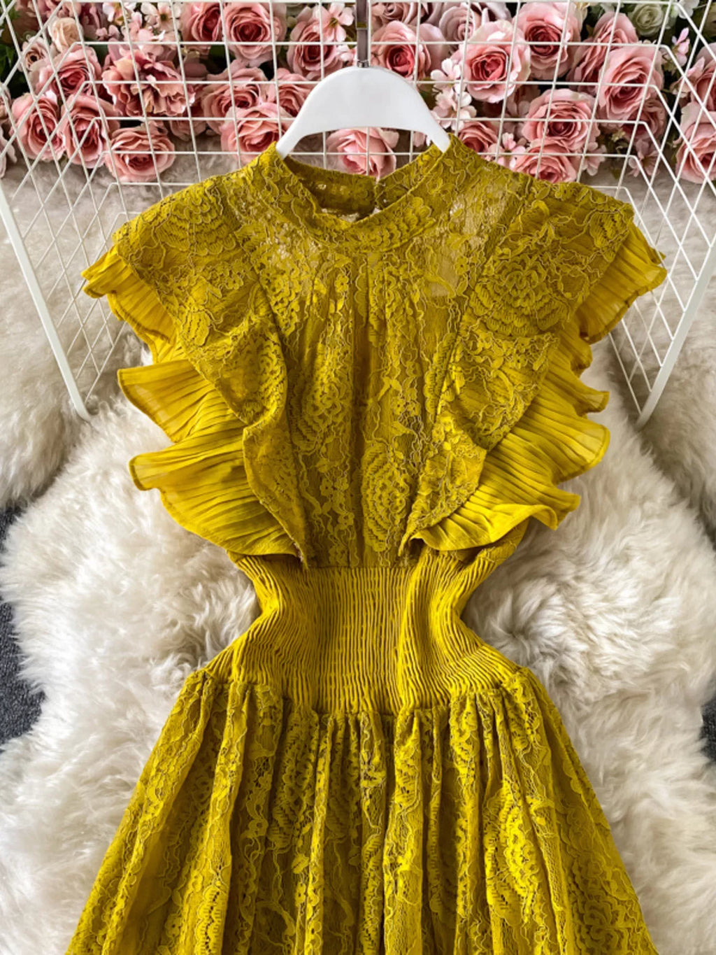 Ruffled Mock Neck Lace Maxi Dress - Girly Tea