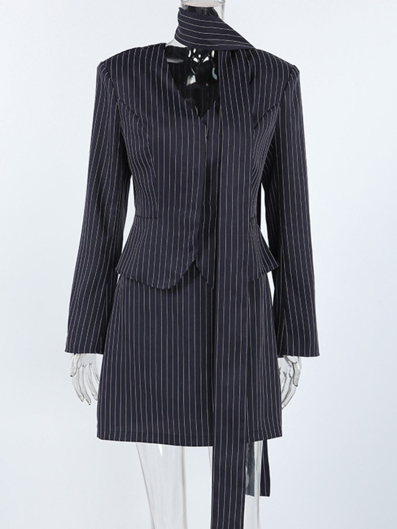 Striped Blazer & Mini Skirt Set with Neck Tie - Girly Tea
