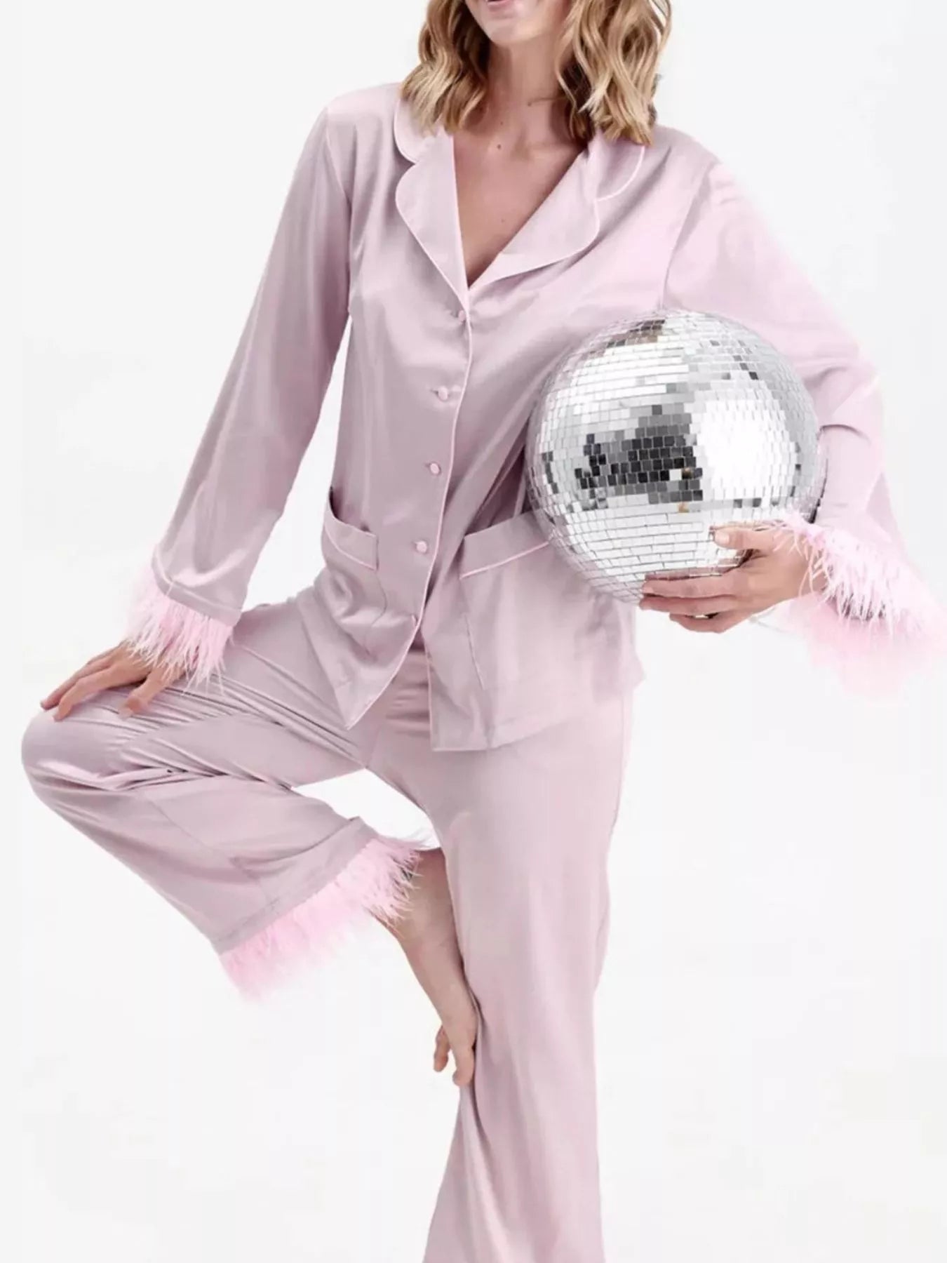 Silky Button Up Top and Pants Lounge Set - Girly Tea
