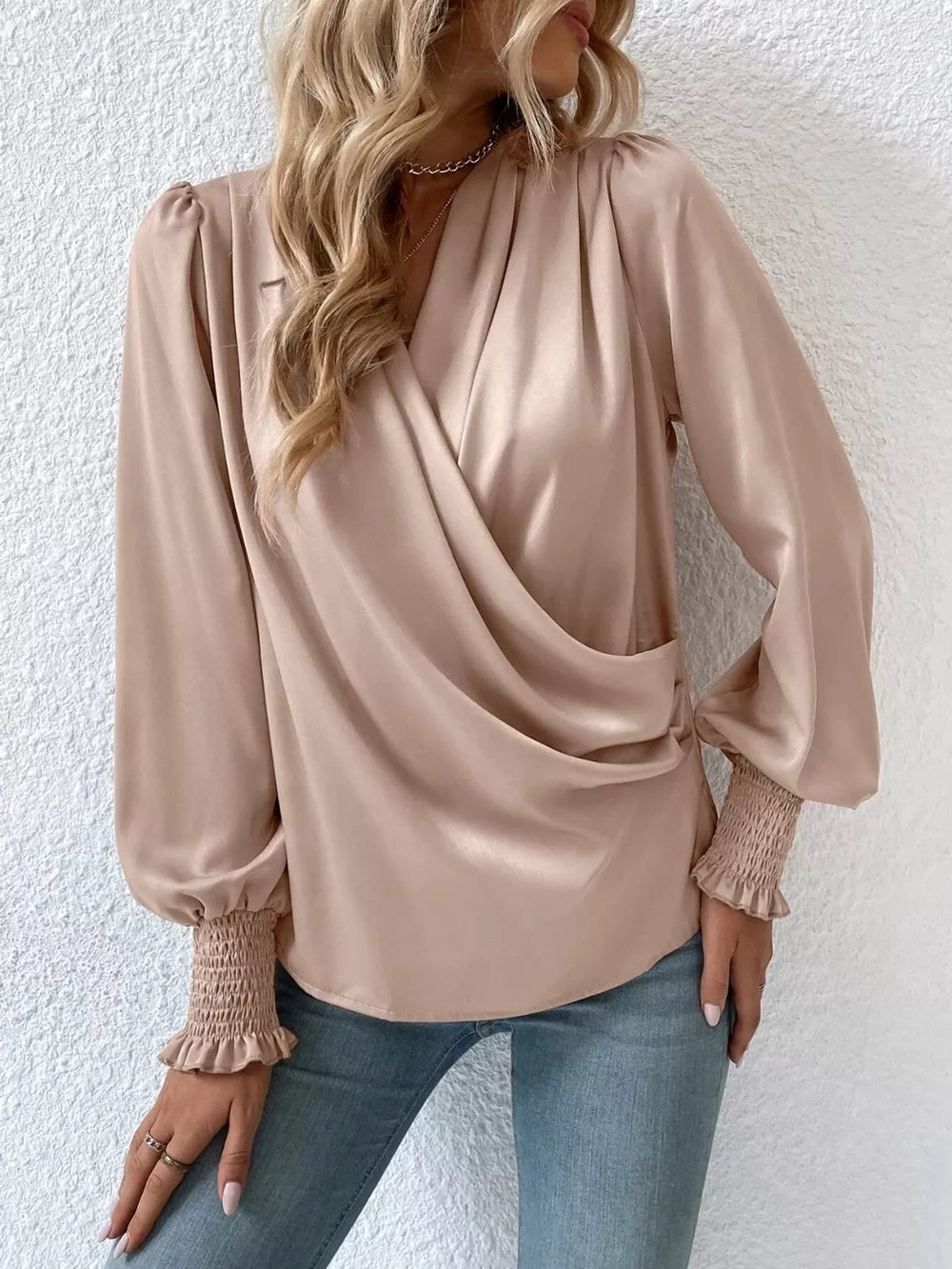 Surplice Smocked Lantern Sleeve Blouse - Girly Tea