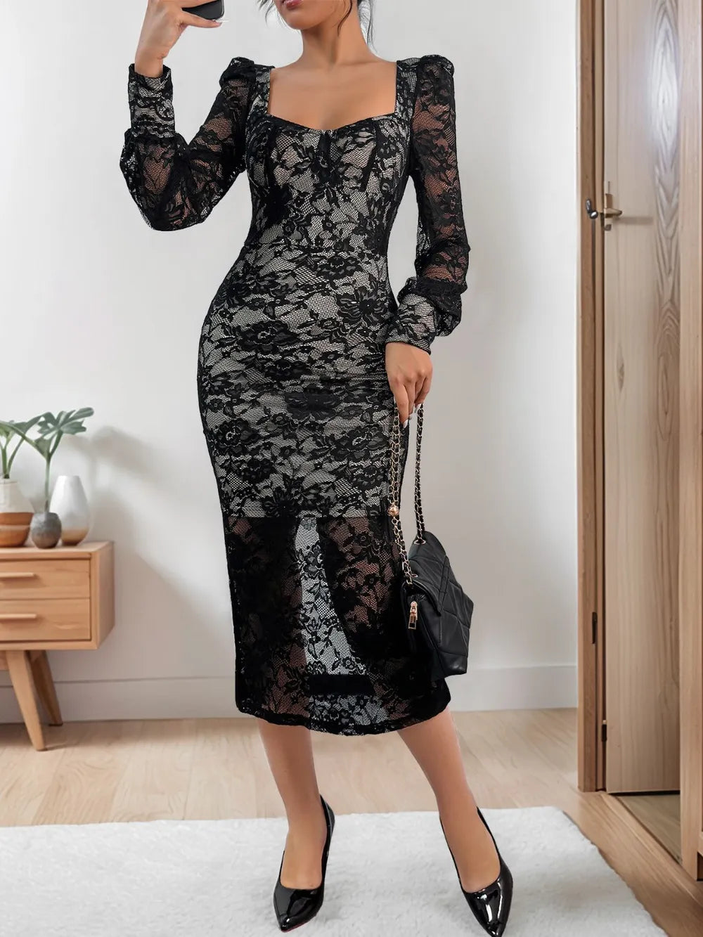 Perfee Lace Sweetheart Neck Long Sleeve Midi Dress - Girly Tea