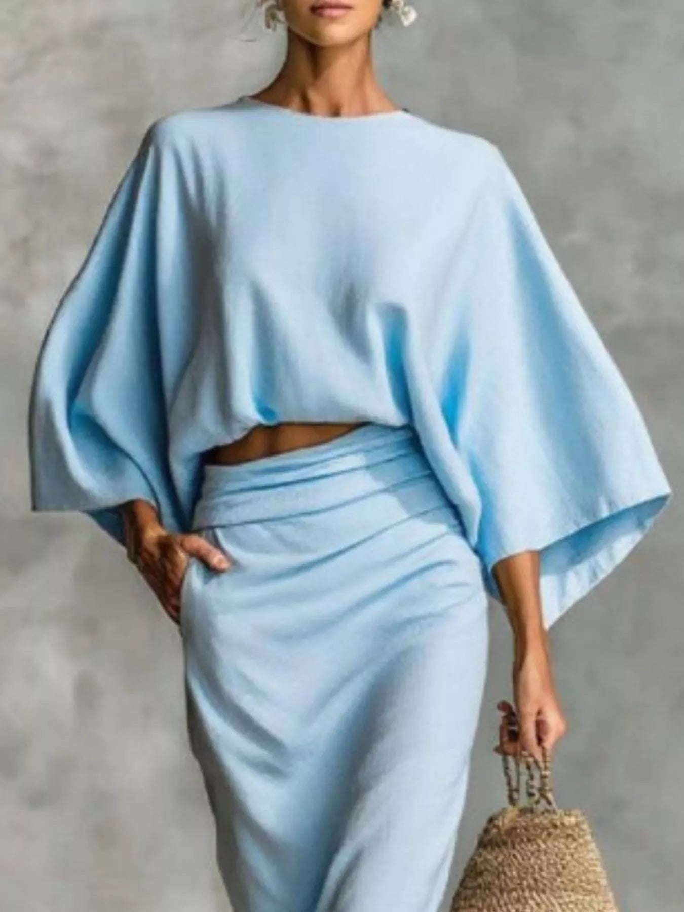 Full Size Kimono Sleeve Top and Ruched Skirt Set Plus Size - Girly Tea