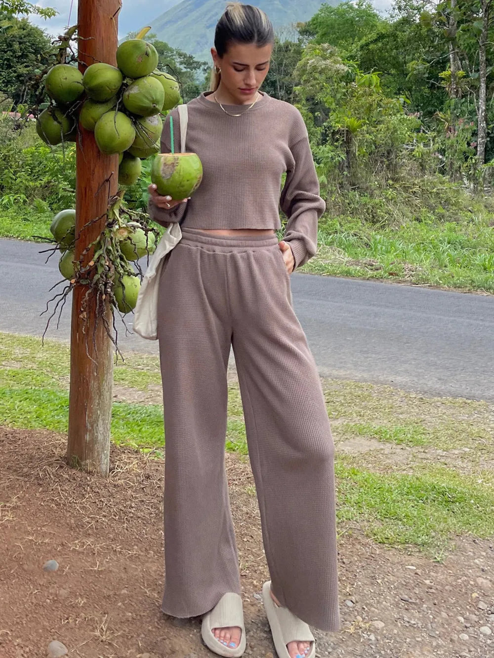 Waffle-Knit Round Neck Top and Pants Set - Girly Tea