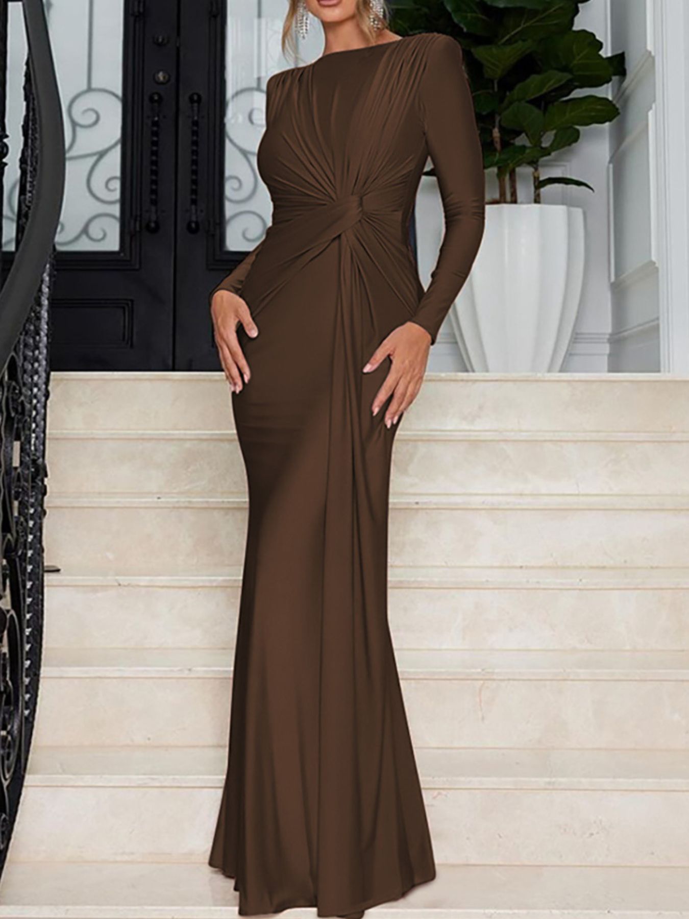 Ruched Knot Front Long Sleeve Maxi Dress - Girly Tea