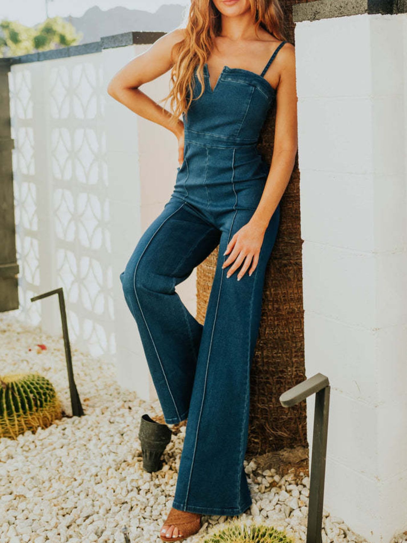 Spaghetti Strap Wide Leg Denim Jumpsuit - Girly Tea