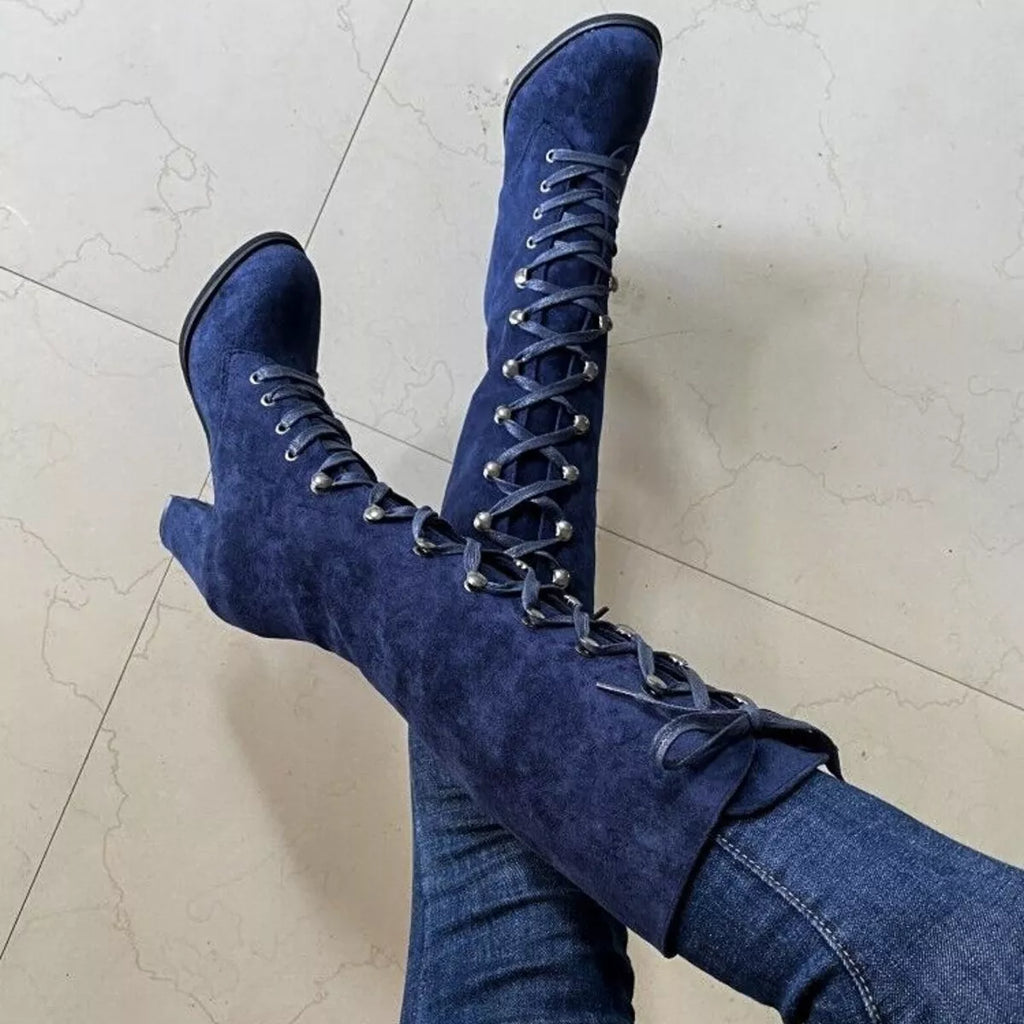 Lace Up Block Heels Boots - Girly Tea