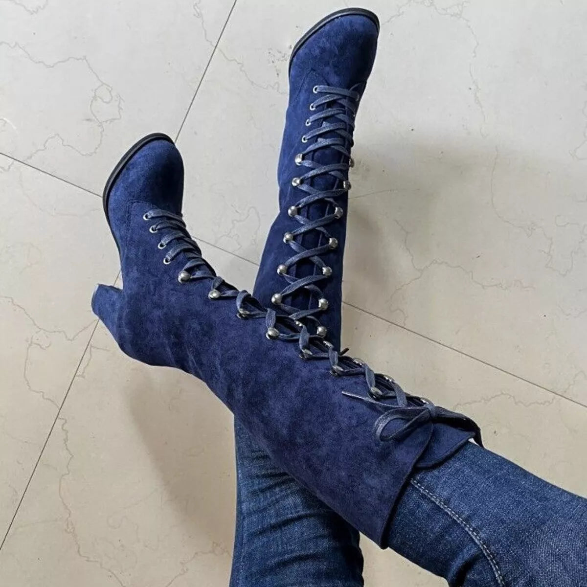 Lace Up Block Heels Boots - Girly Tea