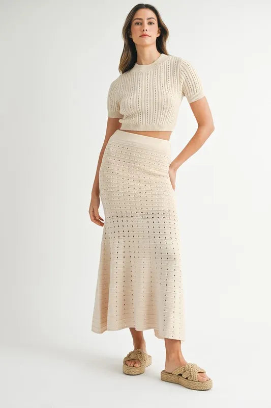 MABLE Pointelle Short Sleeve Crop Top and Slit Skirt Sweater Set - Girly Tea