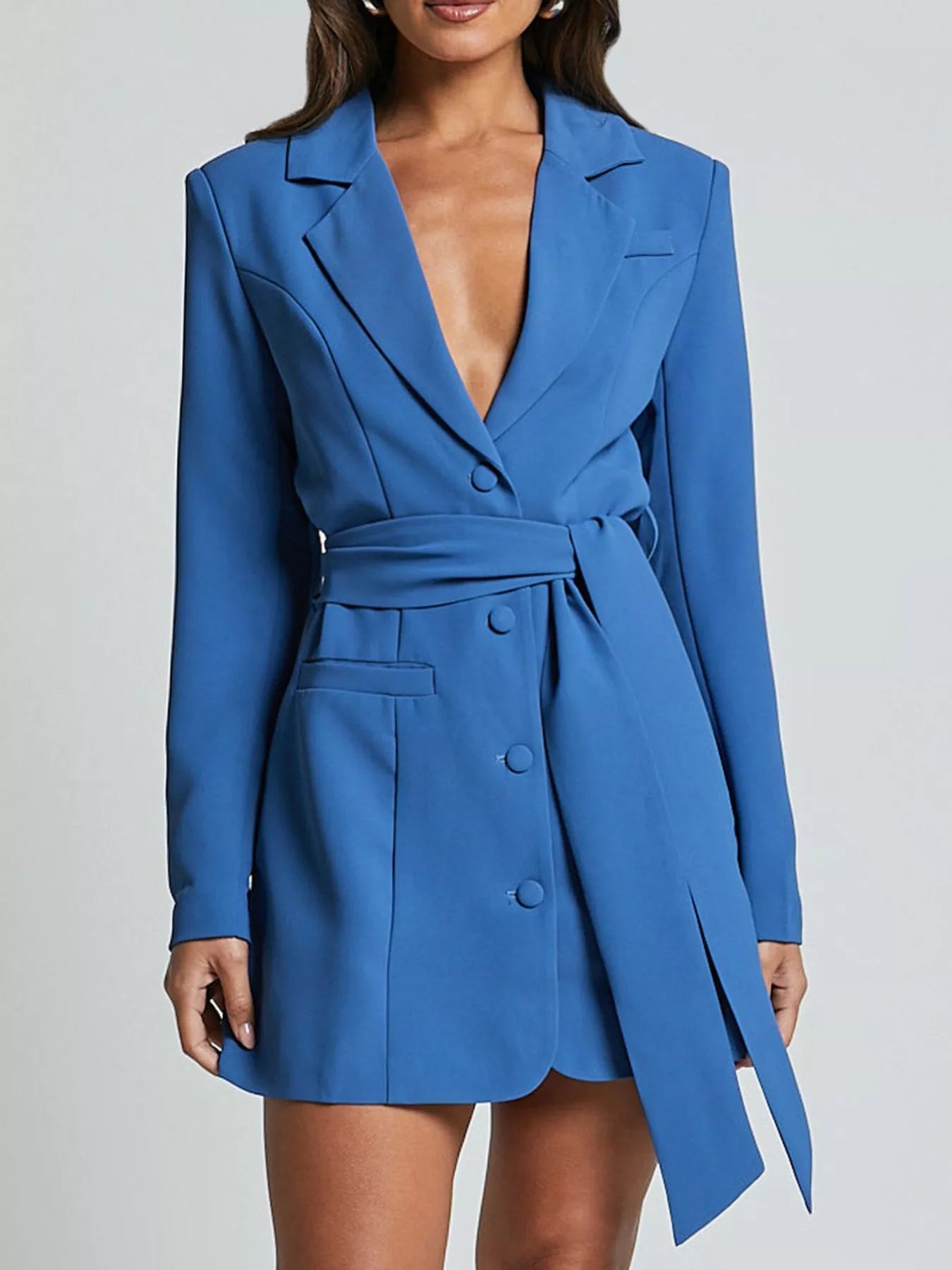Lapel Collar Tie Waist Blazer - Girly Tea