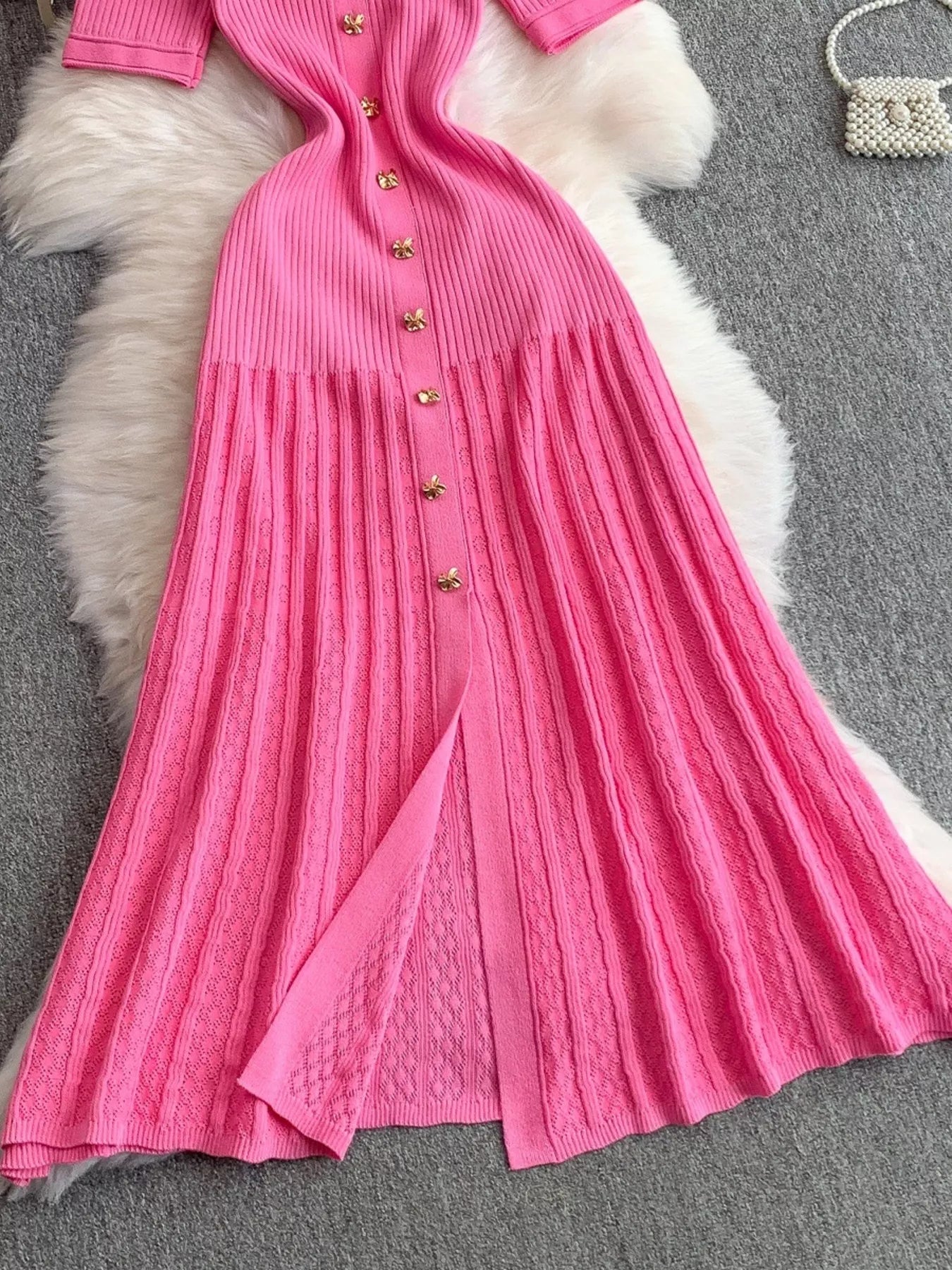 Button Front Ribbed Knit Midi Dress - Girly Tea