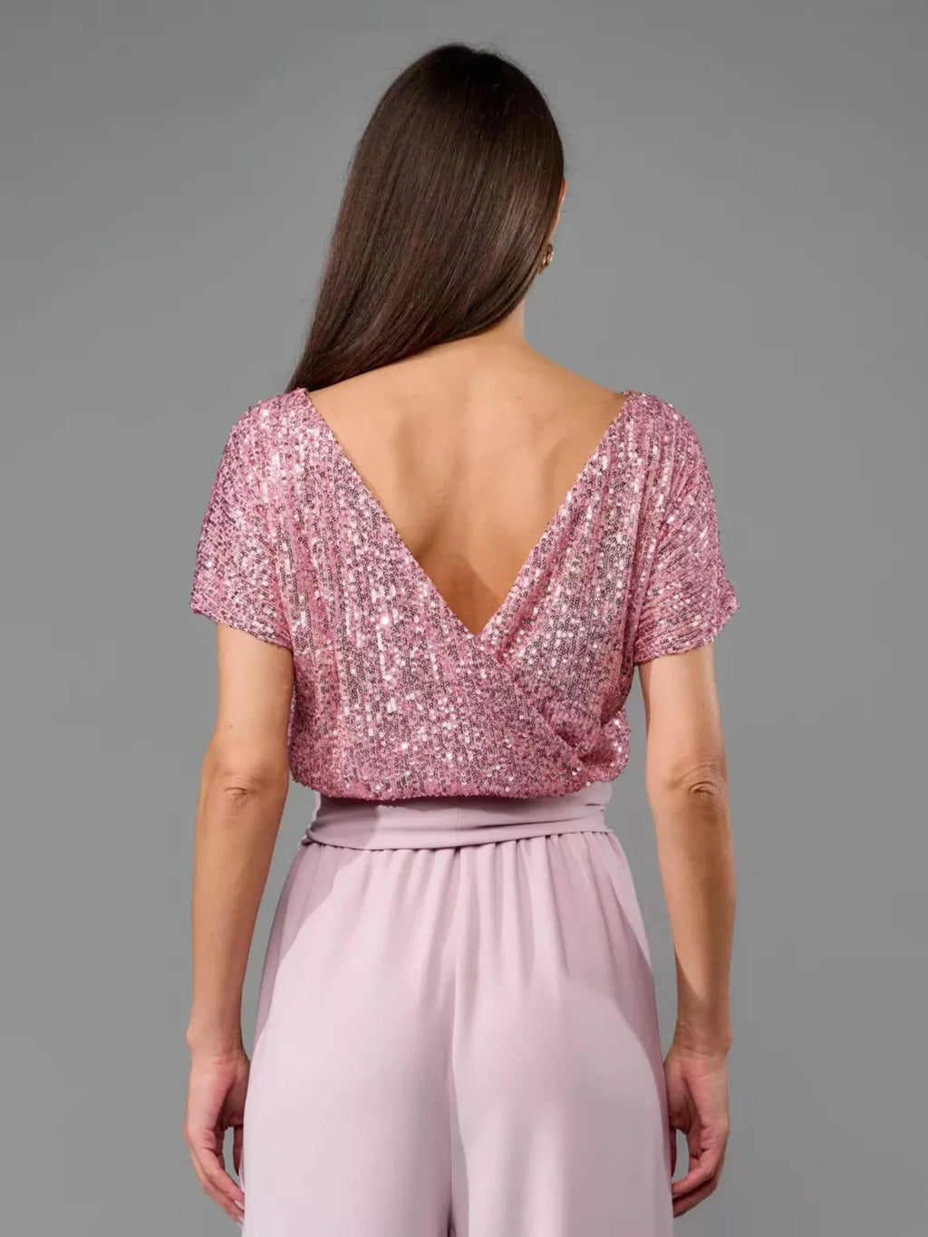 Full Size Sequin Short Sleeve Wide Leg Jumpsuit Plus Size - Girly Tea