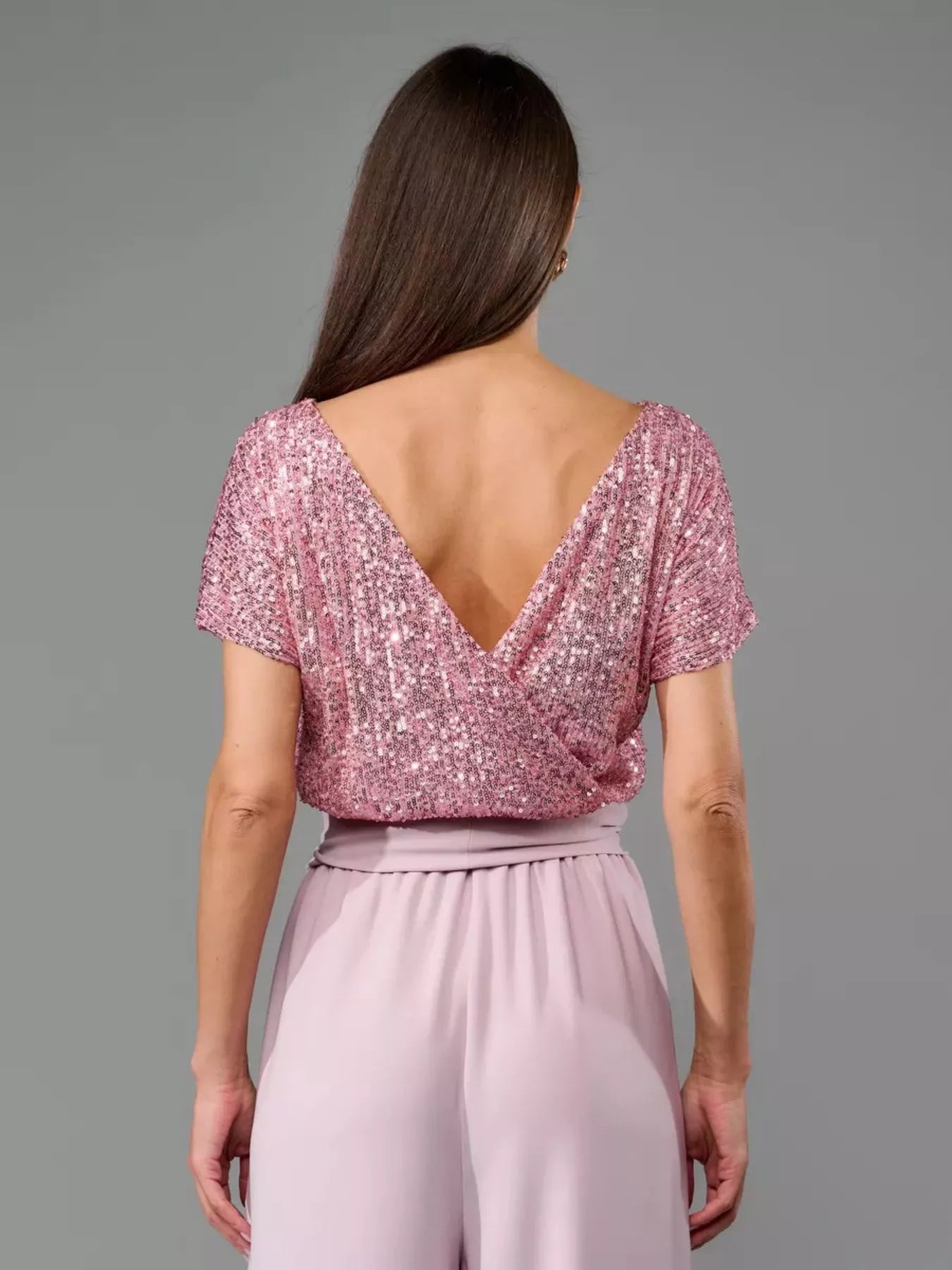 Full Size Sequin Short Sleeve Wide Leg Jumpsuit Plus Size - Girly Tea