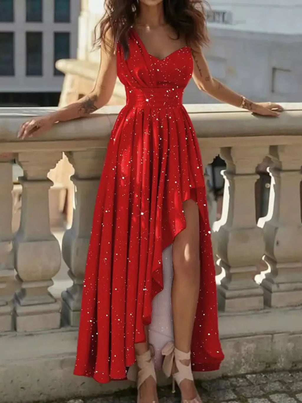 One-Shoulder Asymmetrical Hem Maxi Dress - Girly Tea