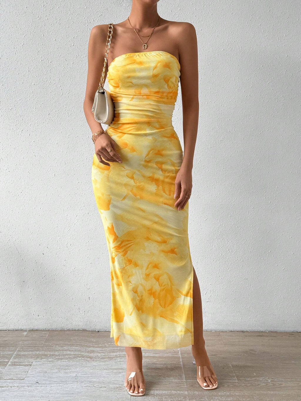 Ruched Strapless Bodycon Midi Dress - Girly Tea