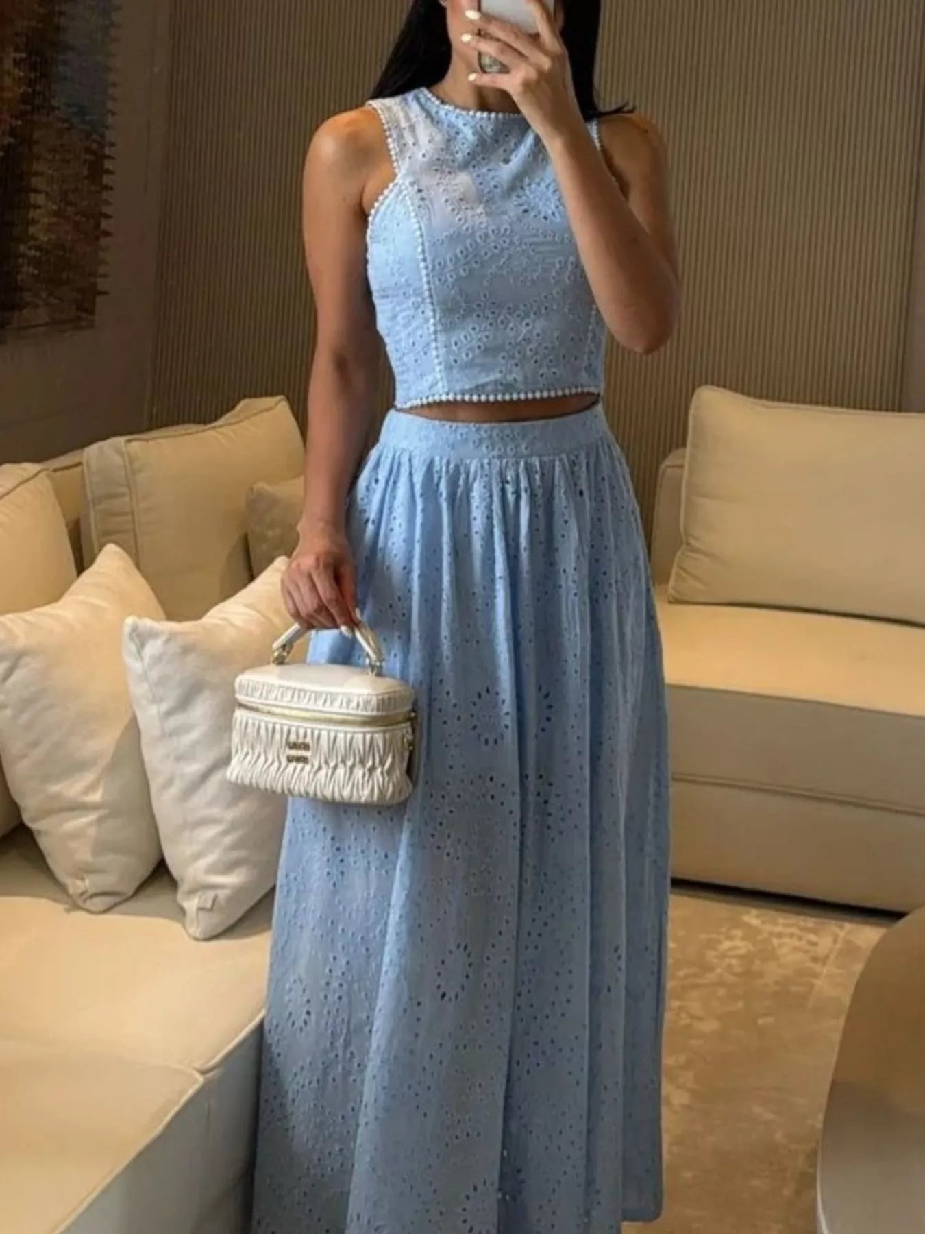 Eyelet Crop Top and Maxi Skirt Set - Girly Tea
