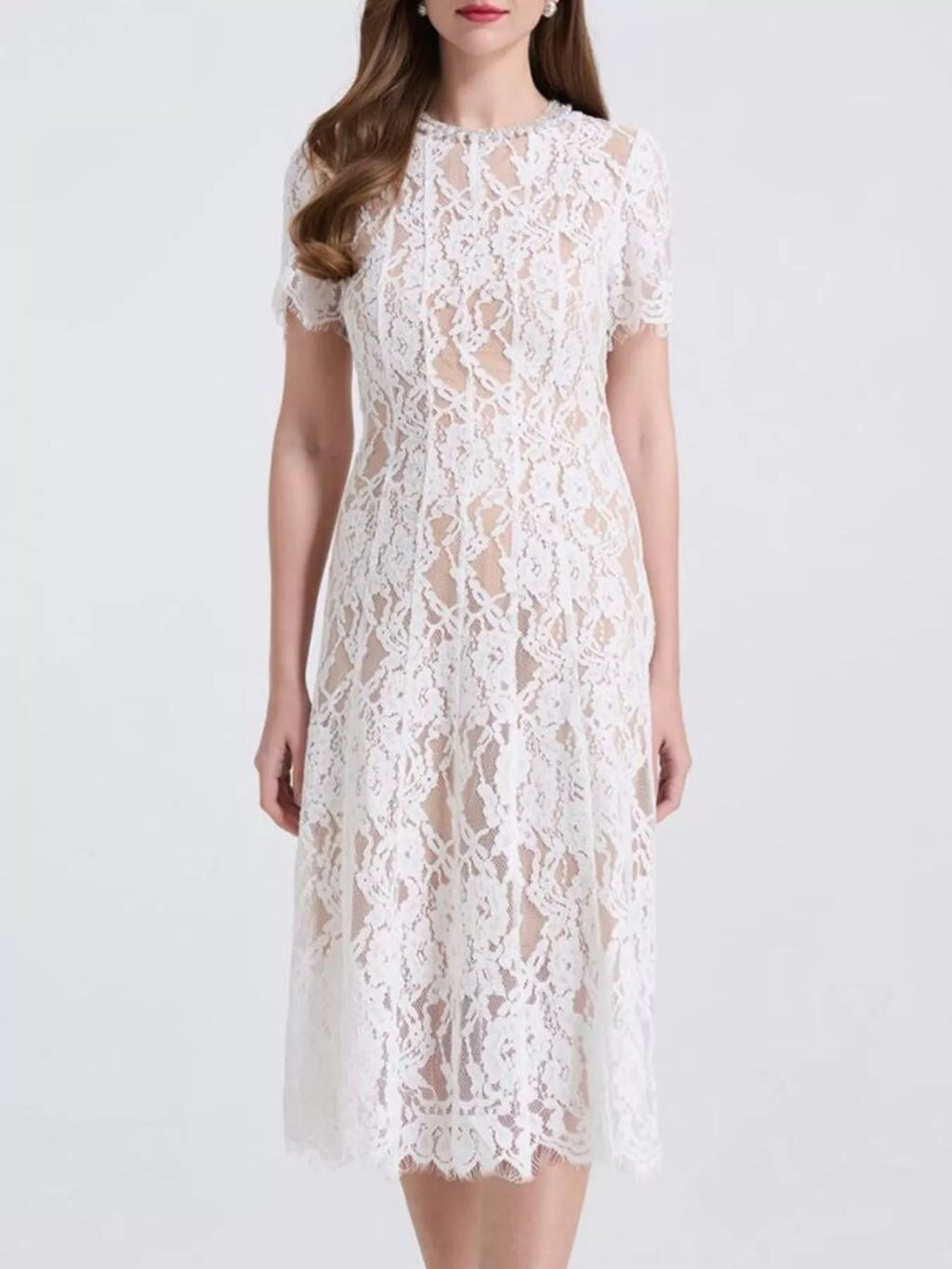 Lace Pearl Neckline Midi Dress - Girly Tea