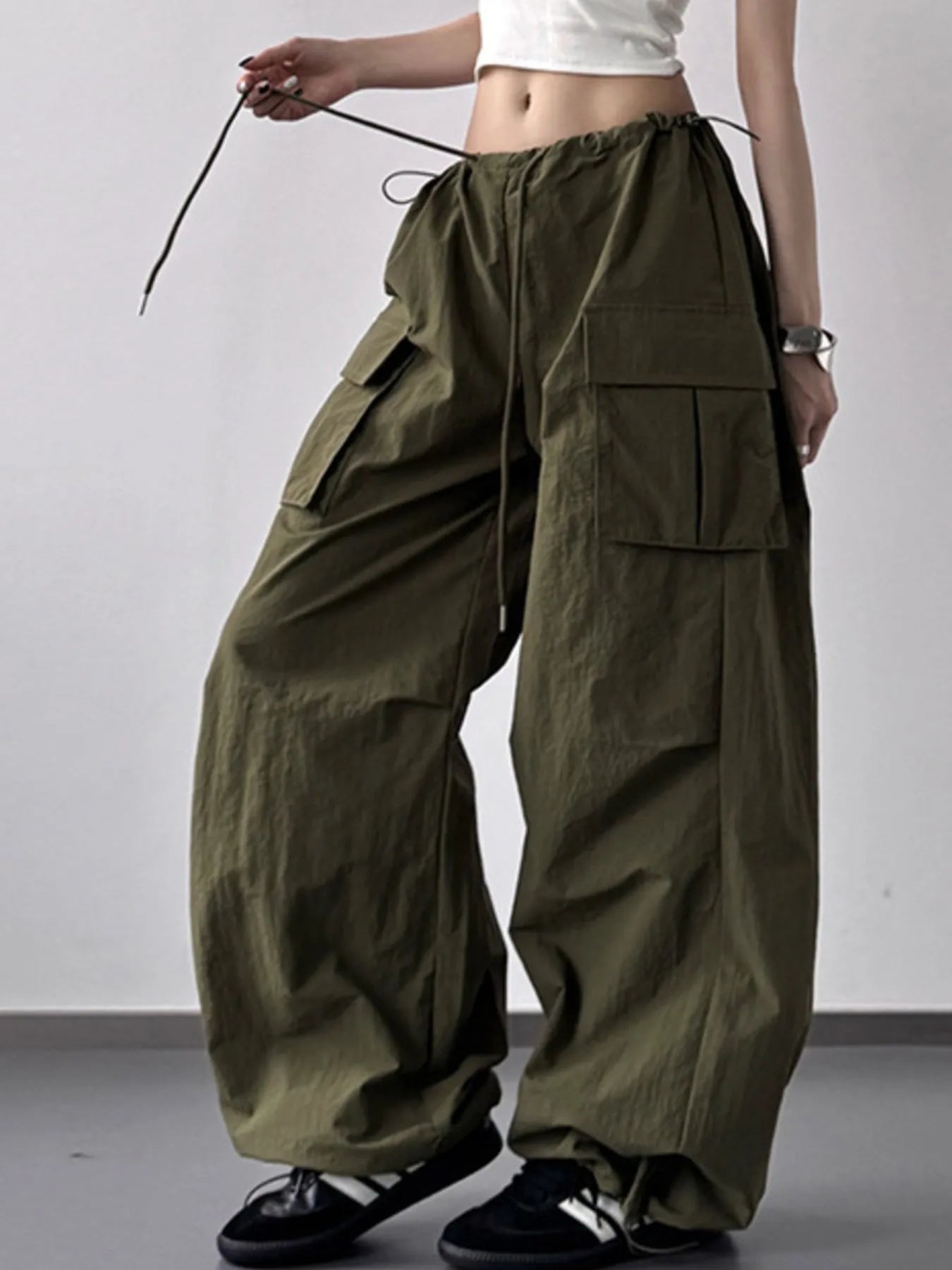 Drawstring Wide Leg Cargo Pants - Girly Tea