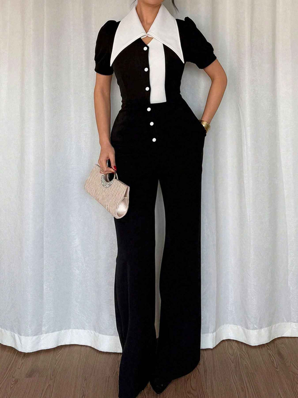 Contrast Button-Down Wide Leg Jumpsuit