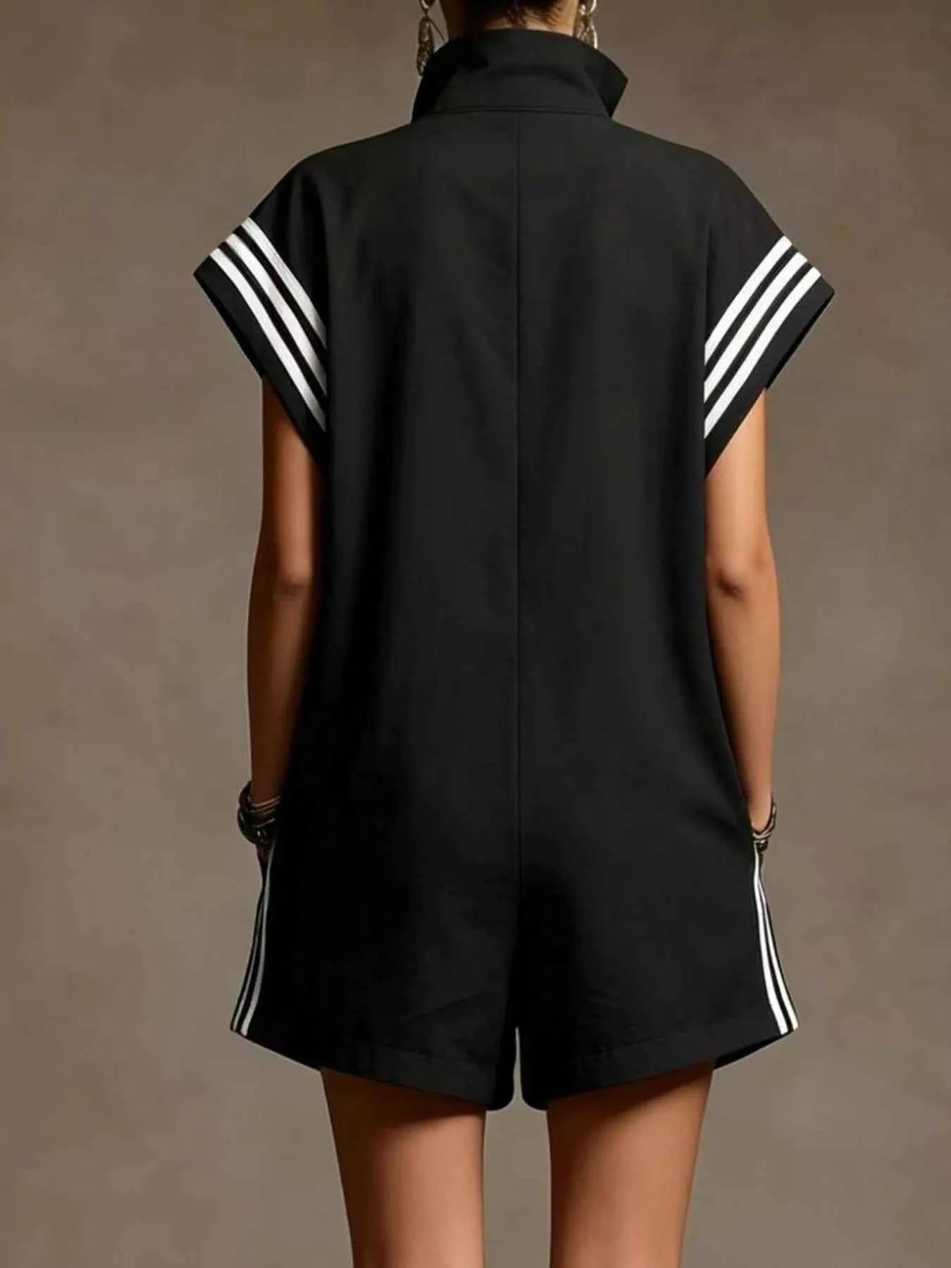 Striped Zip Front Short Sleeve Romper