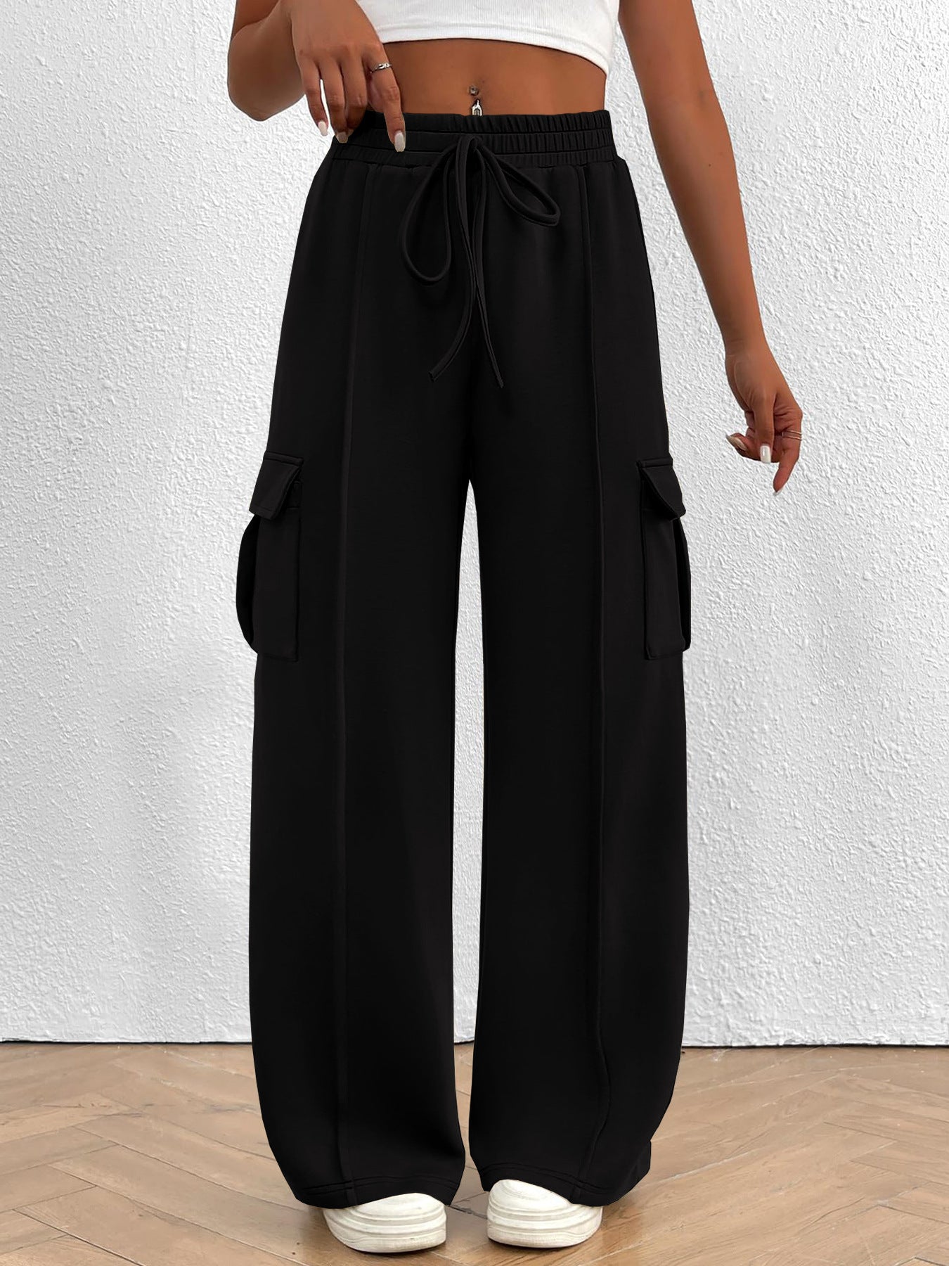 Casual High Waist Cargo Pants with Drawstring - Girly Tea