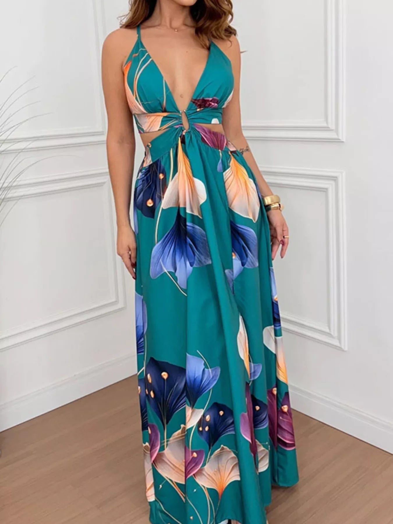 Tropical Print Plunge Cutout Slit Maxi Dress - Girly Tea