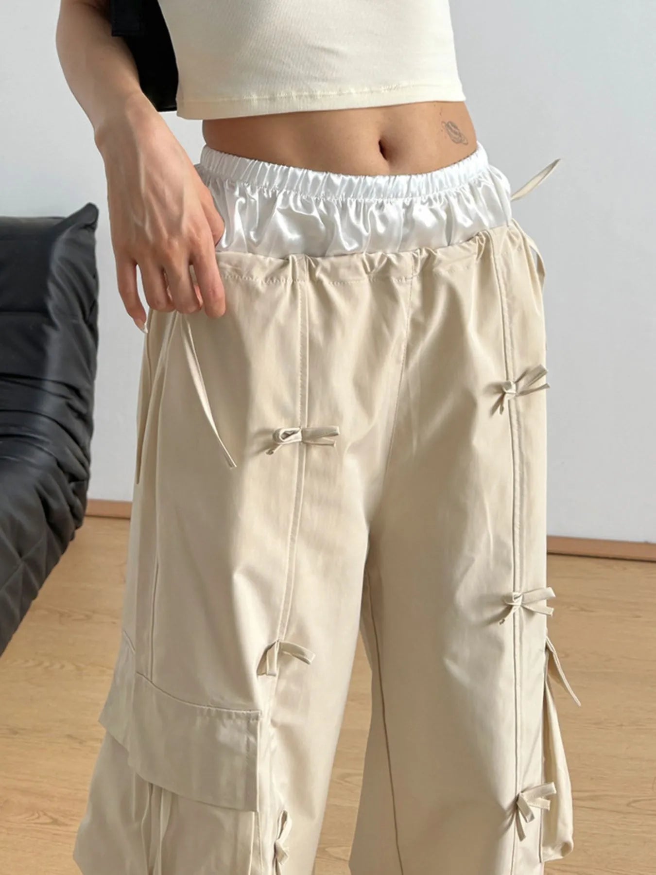 Bow Elastic Waist Cargo Pants - Girly Tea