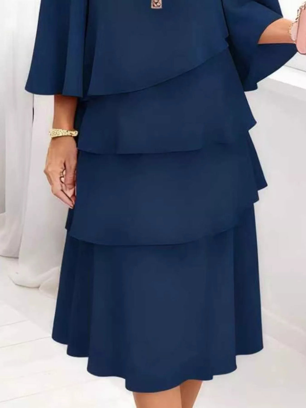 Full Size Ruffled Layered 3/4 Sleeve Dress Plus Size - Girly Tea