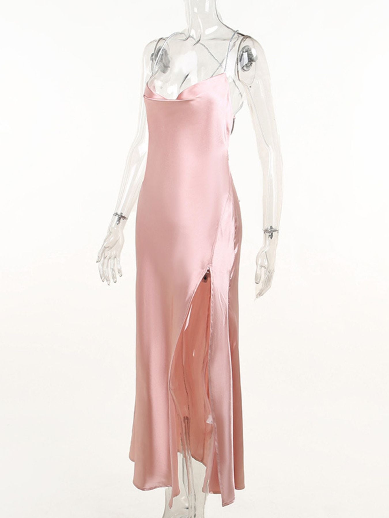 Slinky Satin Cowl Neck High Slit Dress with Back Lace Up - Girly Tea