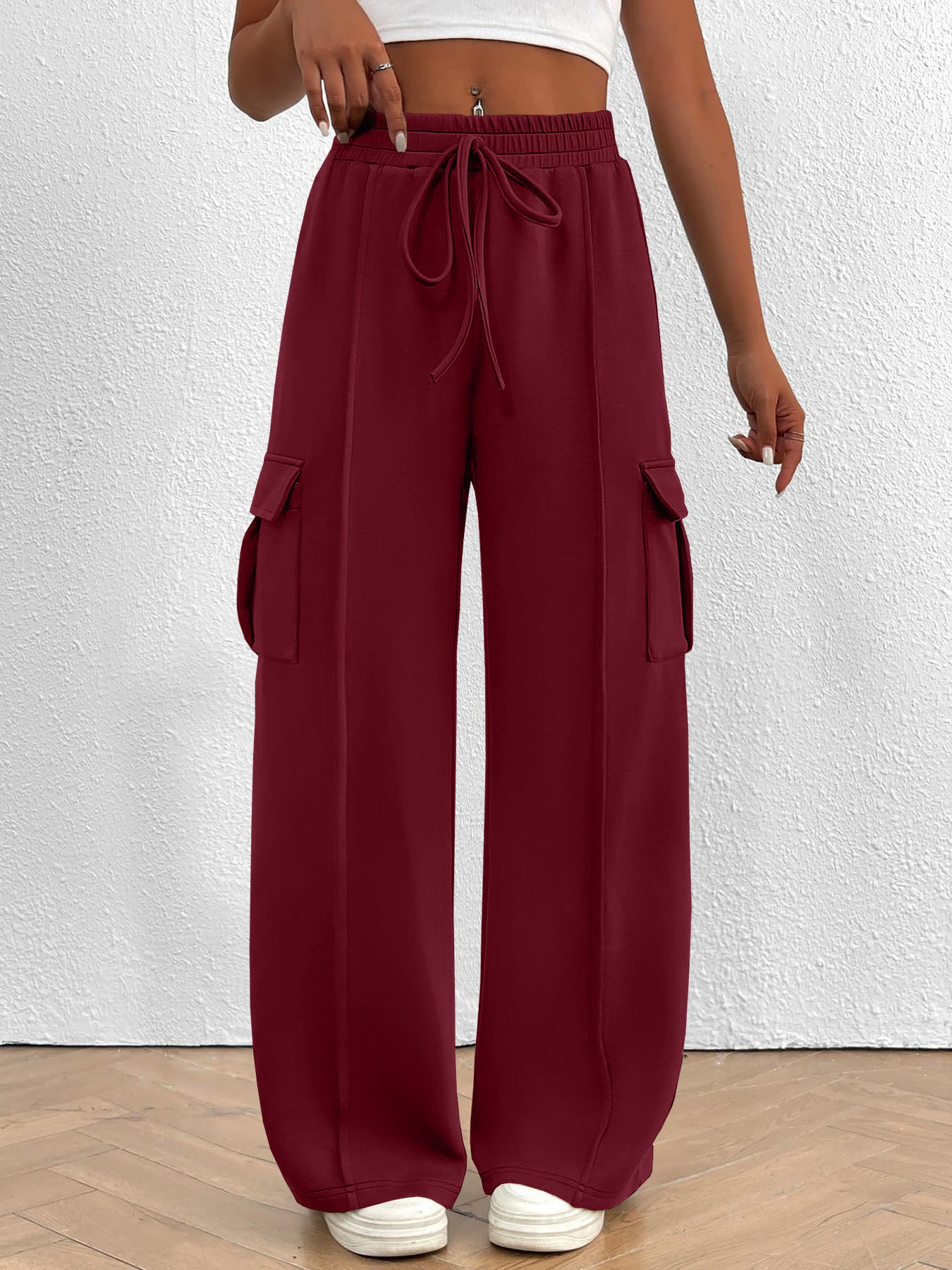 Casual High Waist Cargo Pants with Drawstring - Girly Tea