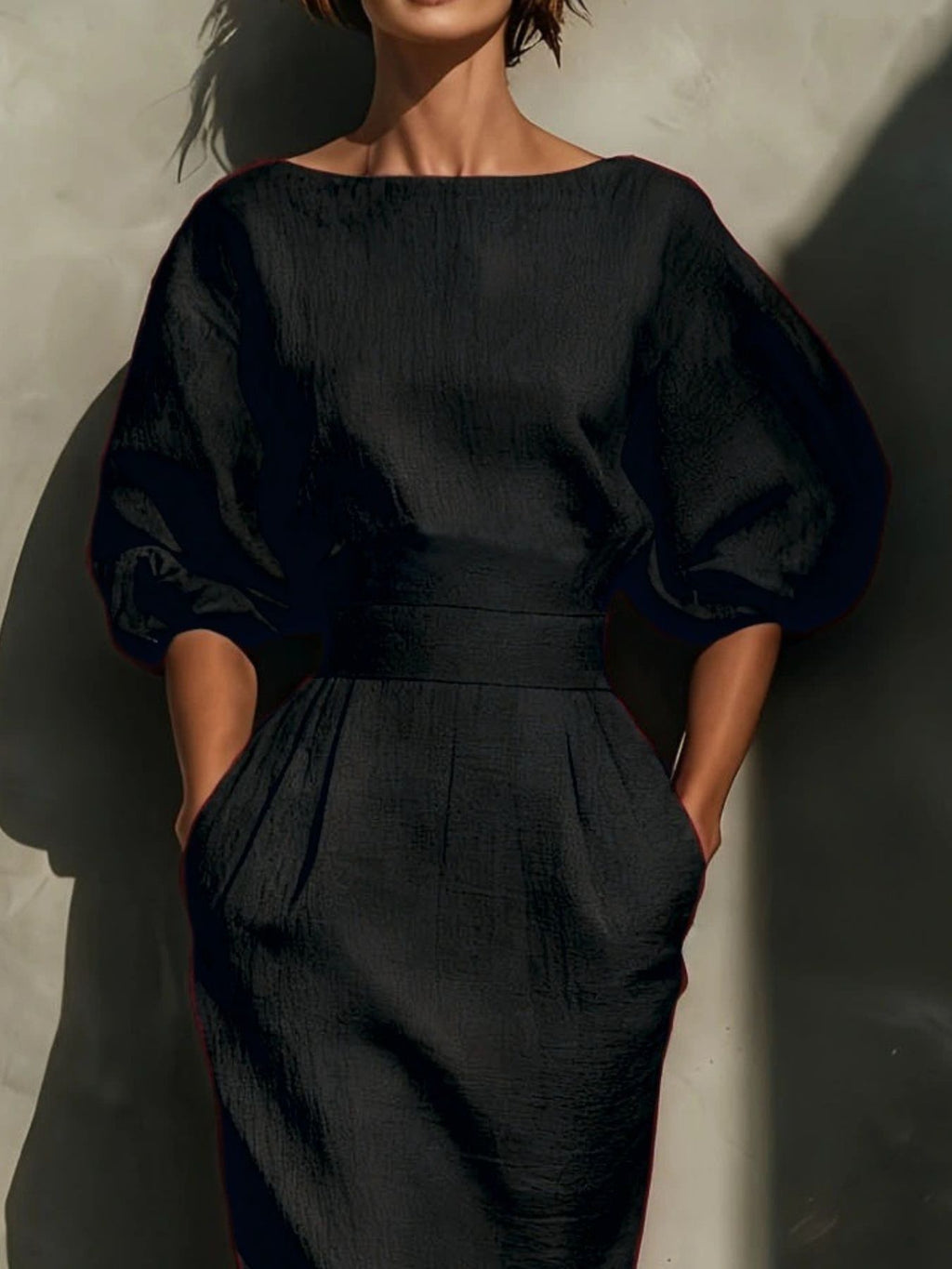 Round Neck Puff Sleeves Midi Dress - Girly Tea