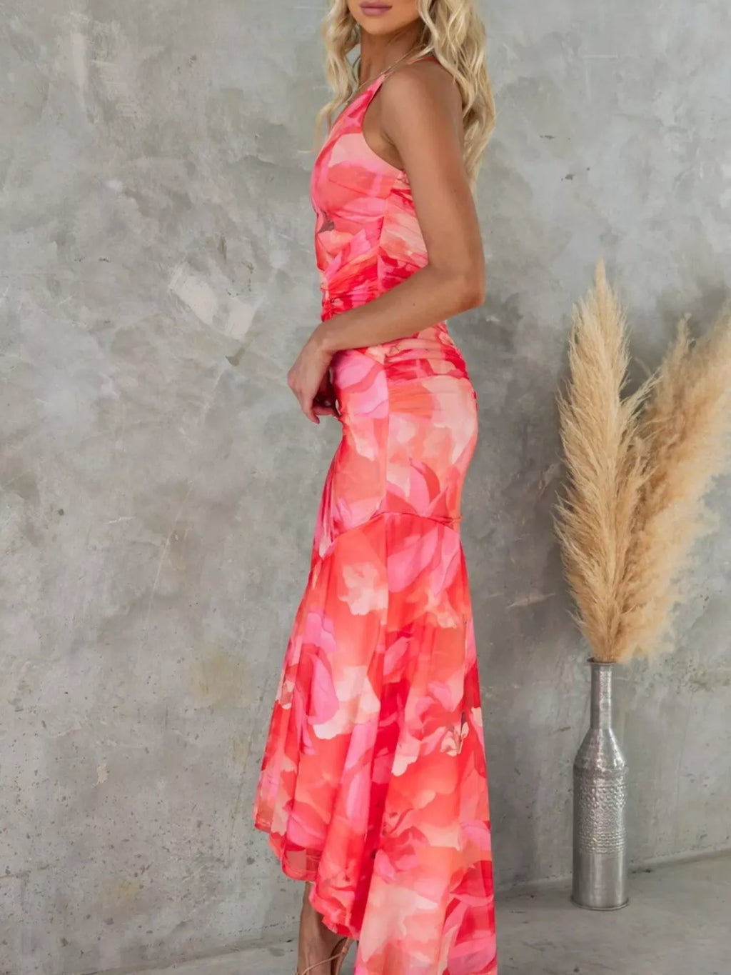 Floral Print One-Shoulder Ruched Maxi Dress - Girly Tea