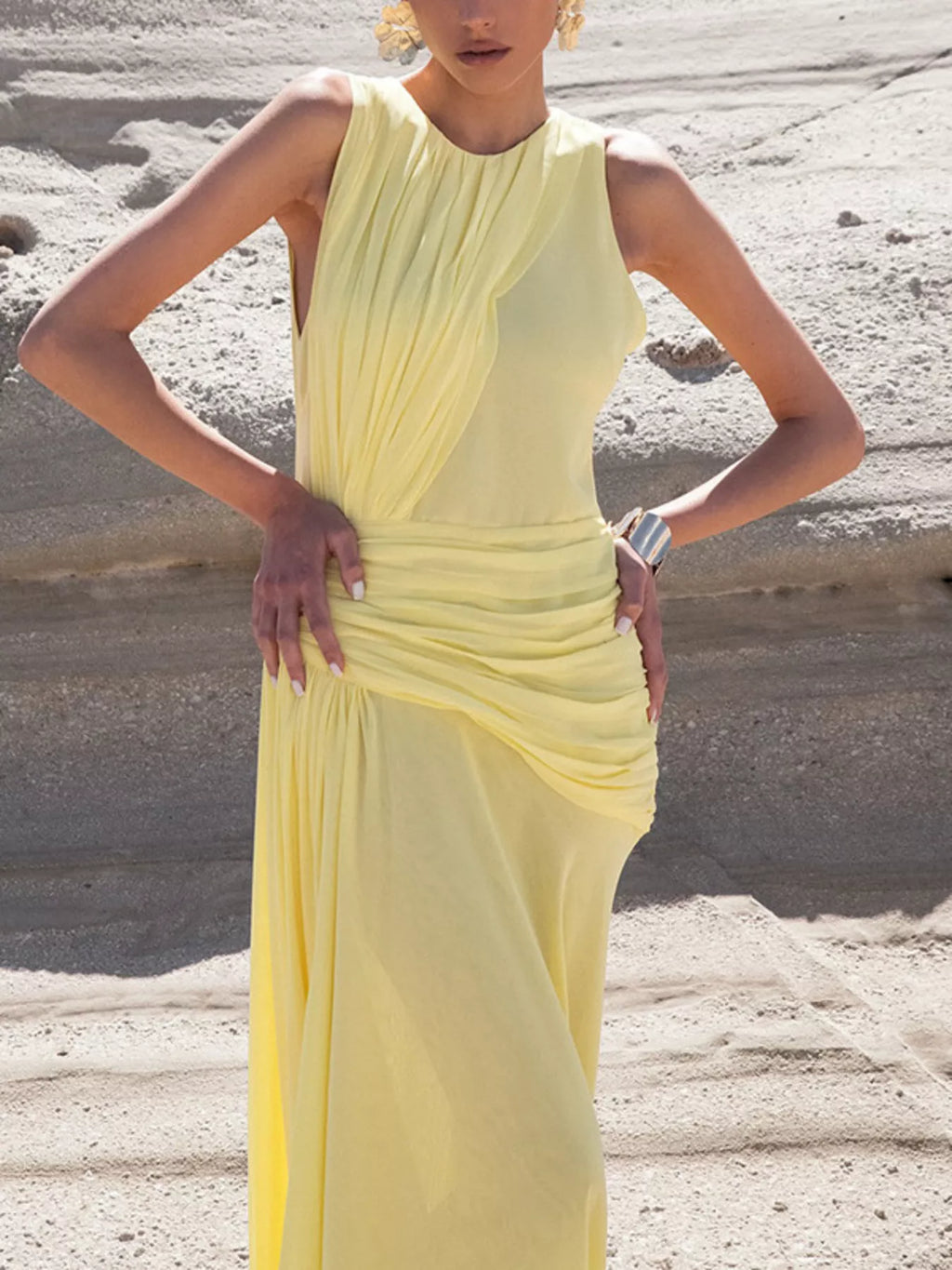 Sleeveless Ruched High-Slit Maxi Dress - Girly Tea