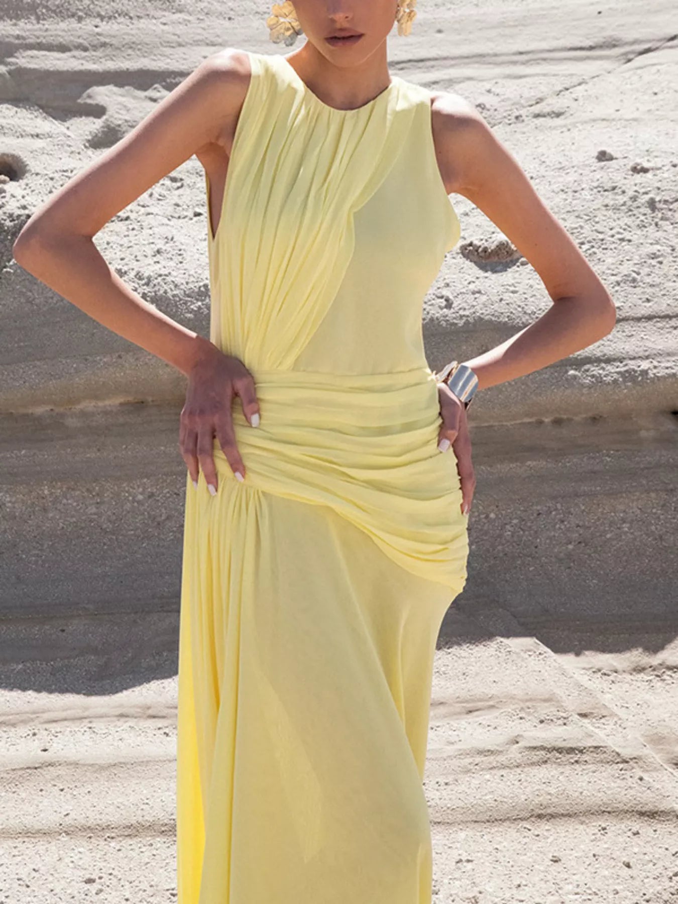 Sleeveless Ruched High-Slit Maxi Dress - Girly Tea