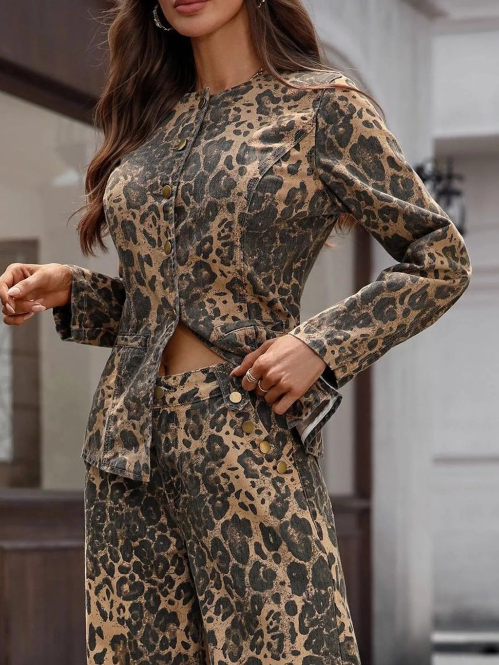 Leopard Button Up Long Sleeve Denim Shirt - Girly Tea