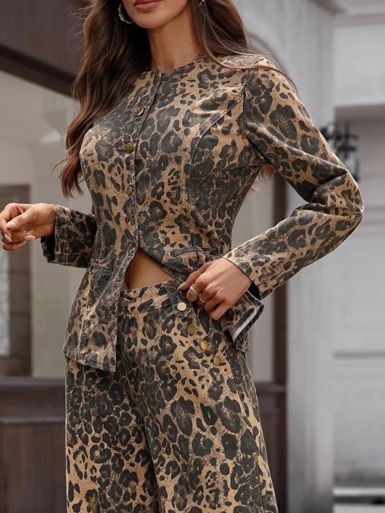 Leopard Button Up Long Sleeve Denim Shirt - Girly Tea