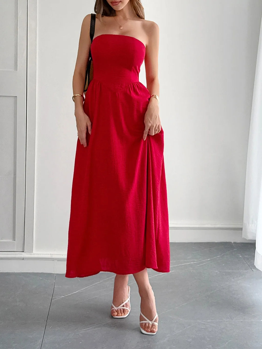 Strapless A-Line Midi Dress with Pockets - Girly Tea