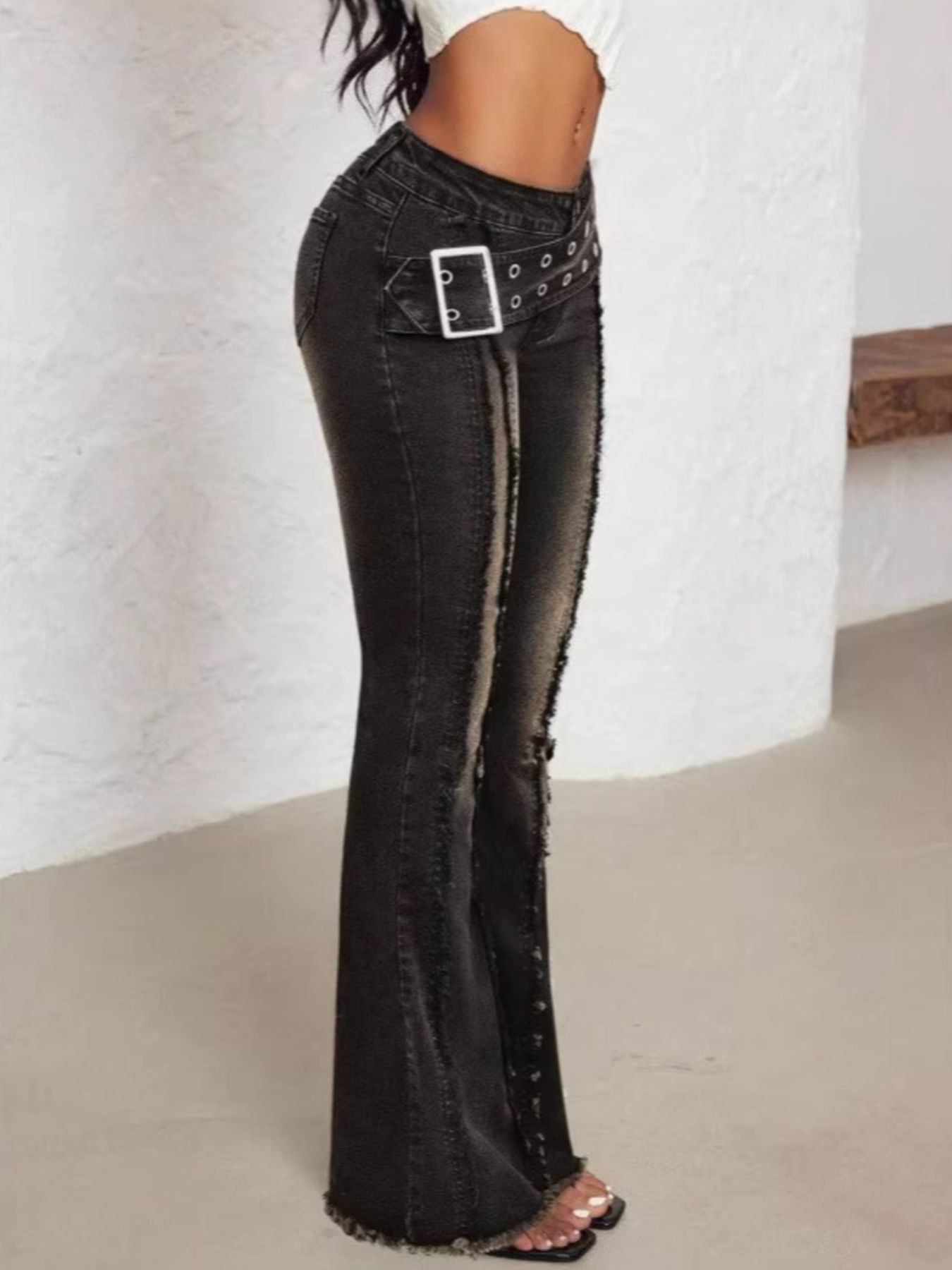 Belted High Waist Flare Jeans - Girly Tea