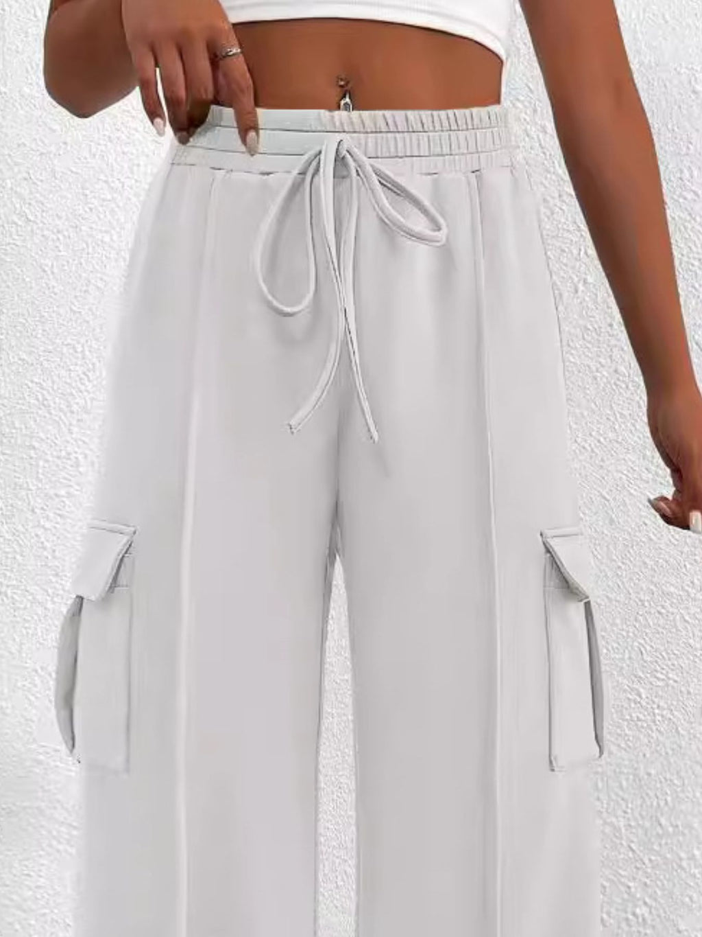 Casual High Waist Cargo Pants with Drawstring - Girly Tea