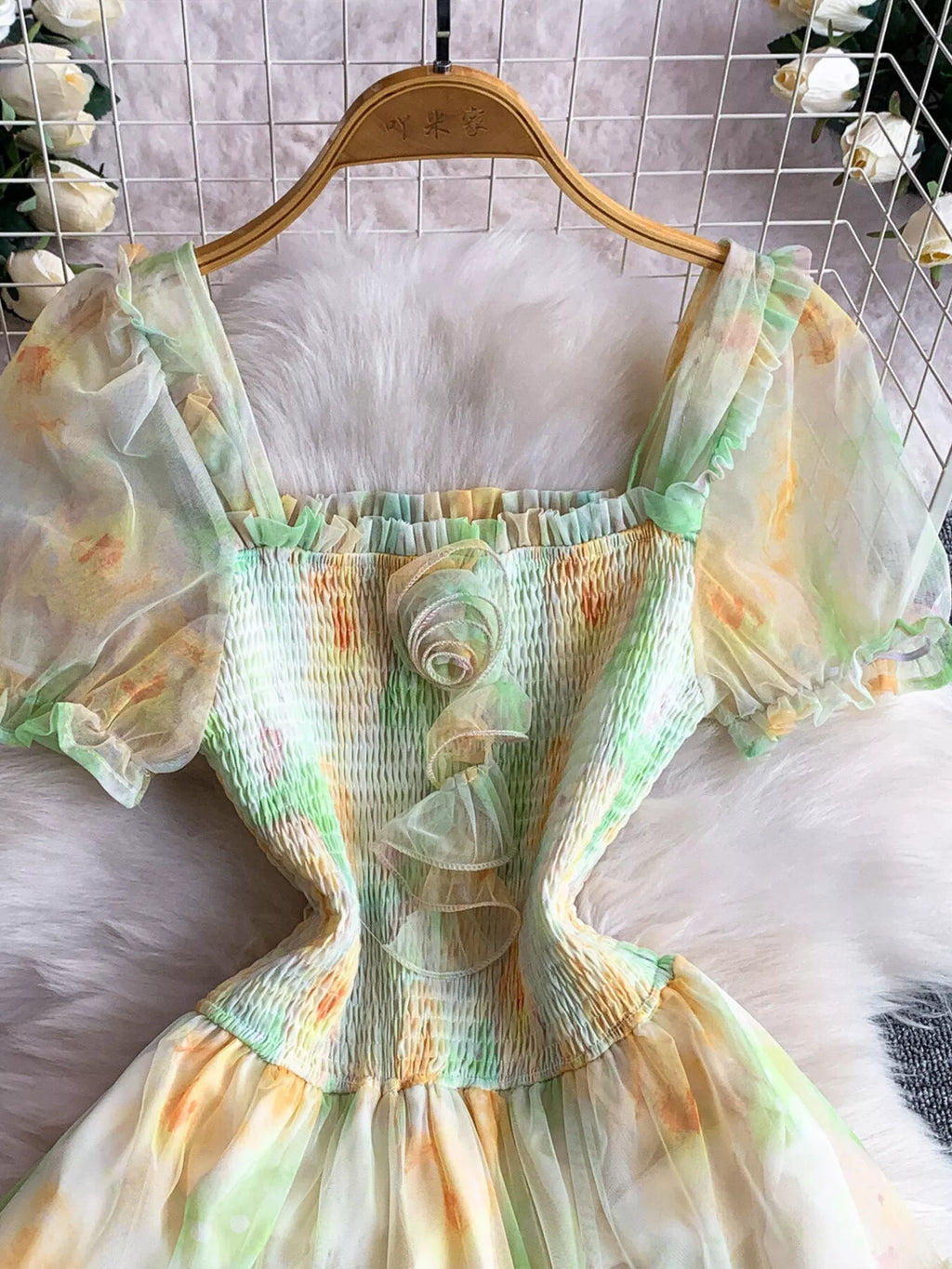 Smocked Floral Tiered Mesh Midi Dress - Girly Tea