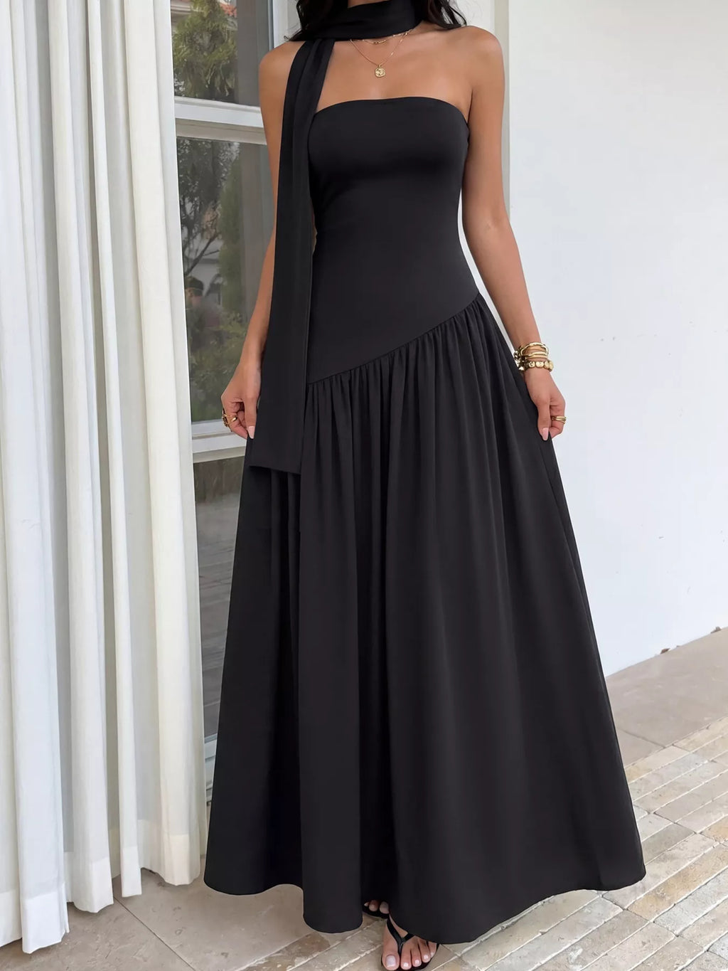 Slit Tube Maxi Dress with Scarf - Girly Tea