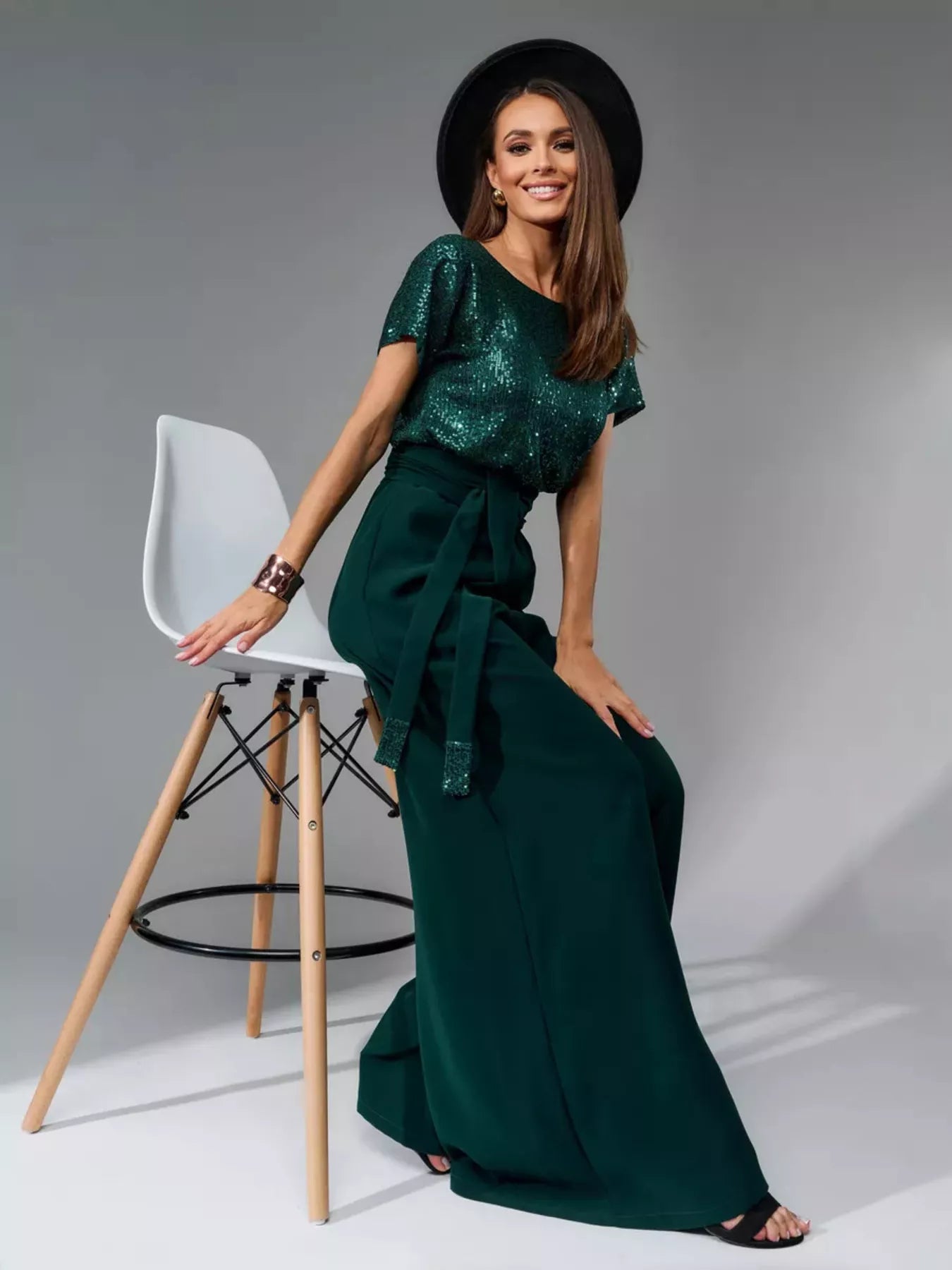 Full Size Sequin Short Sleeve Wide Leg Jumpsuit Plus Size - Girly Tea