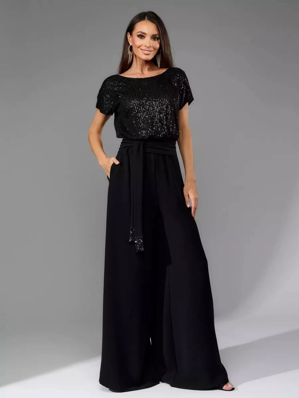 Full Size Sequin Short Sleeve Wide Leg Jumpsuit Plus Size - Girly Tea