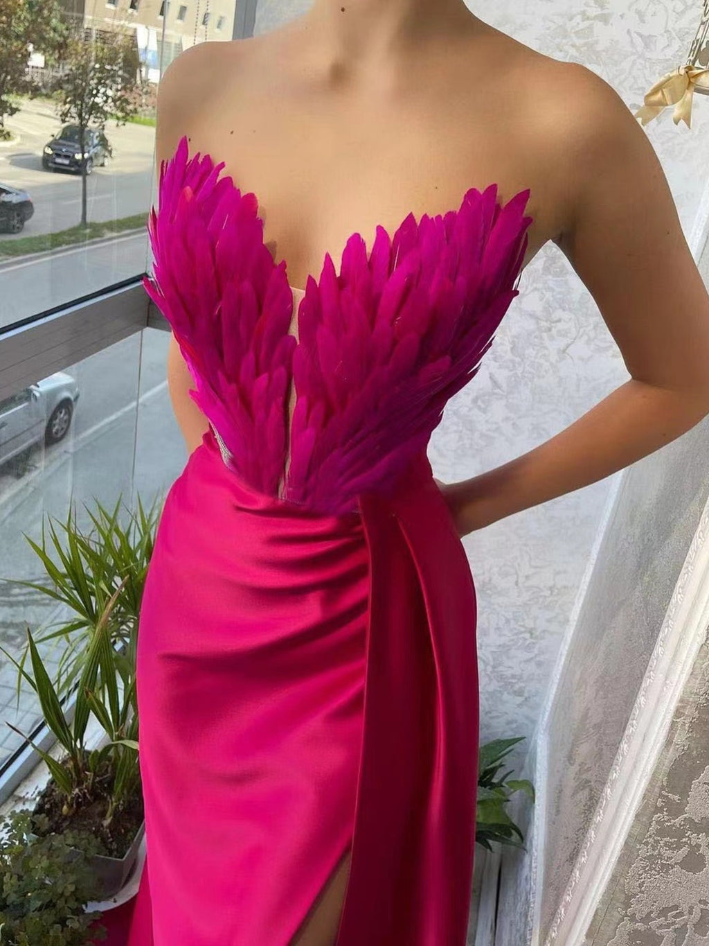 Feather Embellished Slit Maxi Dress - Girly Tea