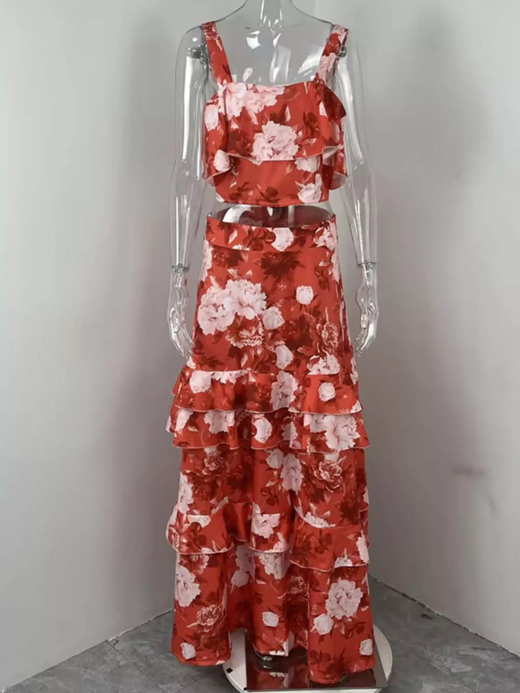 Floral Print Ruffle Cami and Skirt Two-Piece Set - Girly Tea