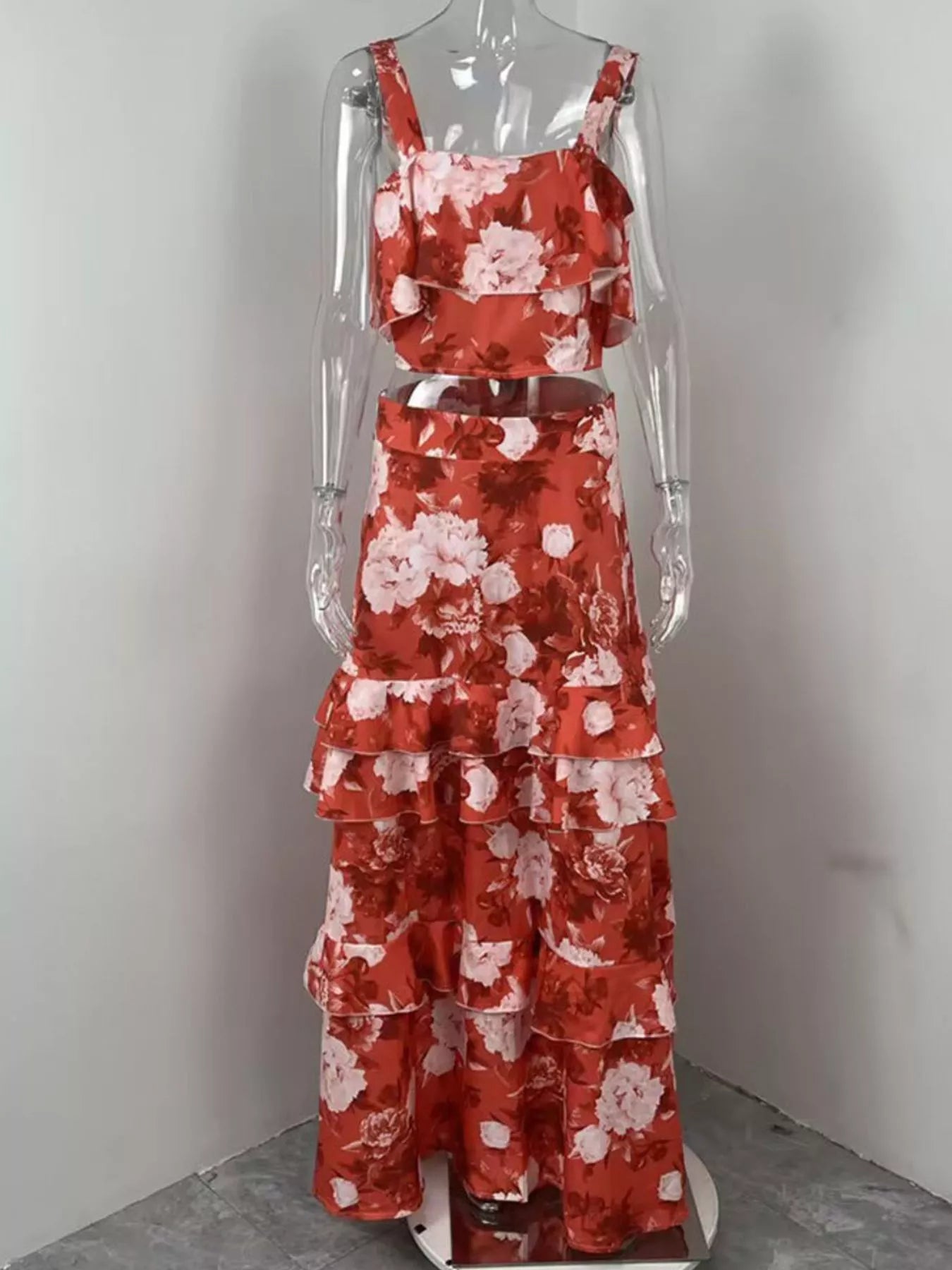 Floral Print Ruffle Cami and Skirt Two-Piece Set - Girly Tea