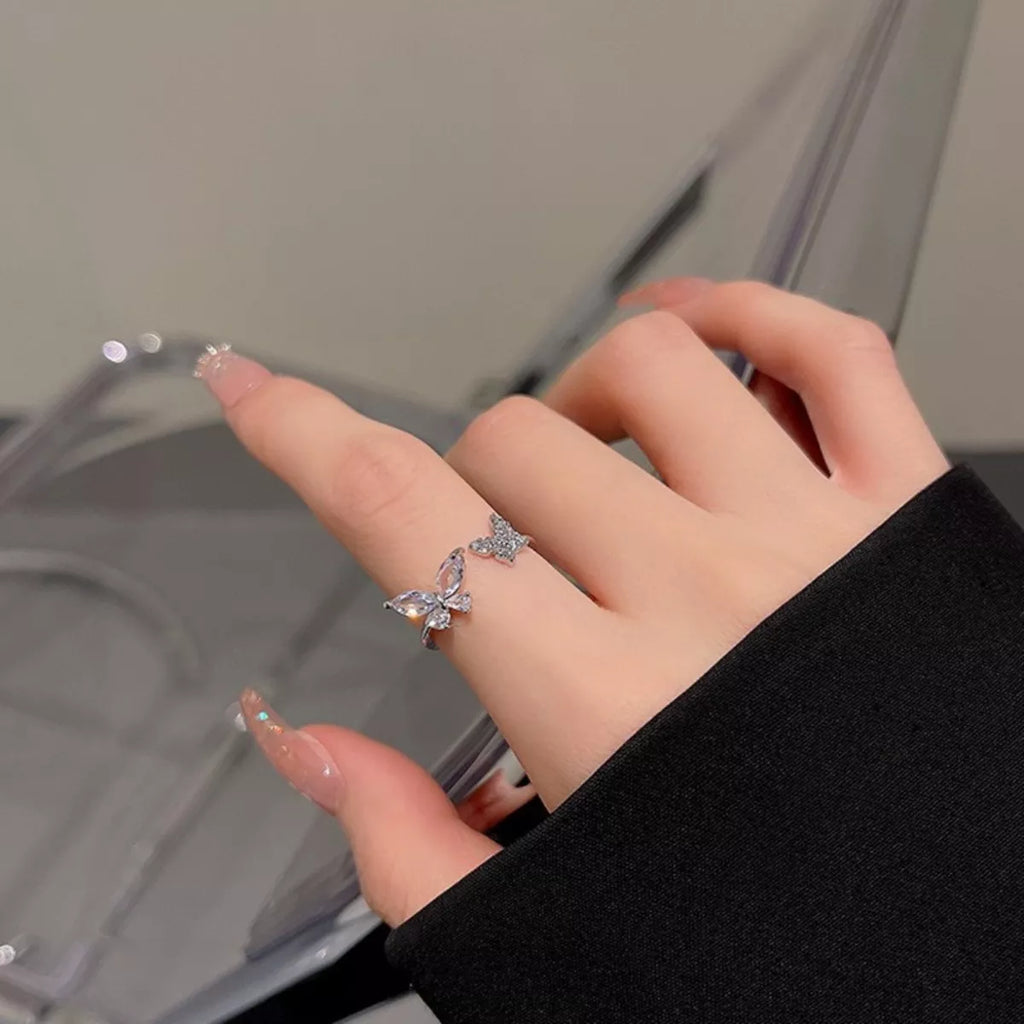 925 Sterling Silver Zircon Butterfly Open Ring - Girly Tea