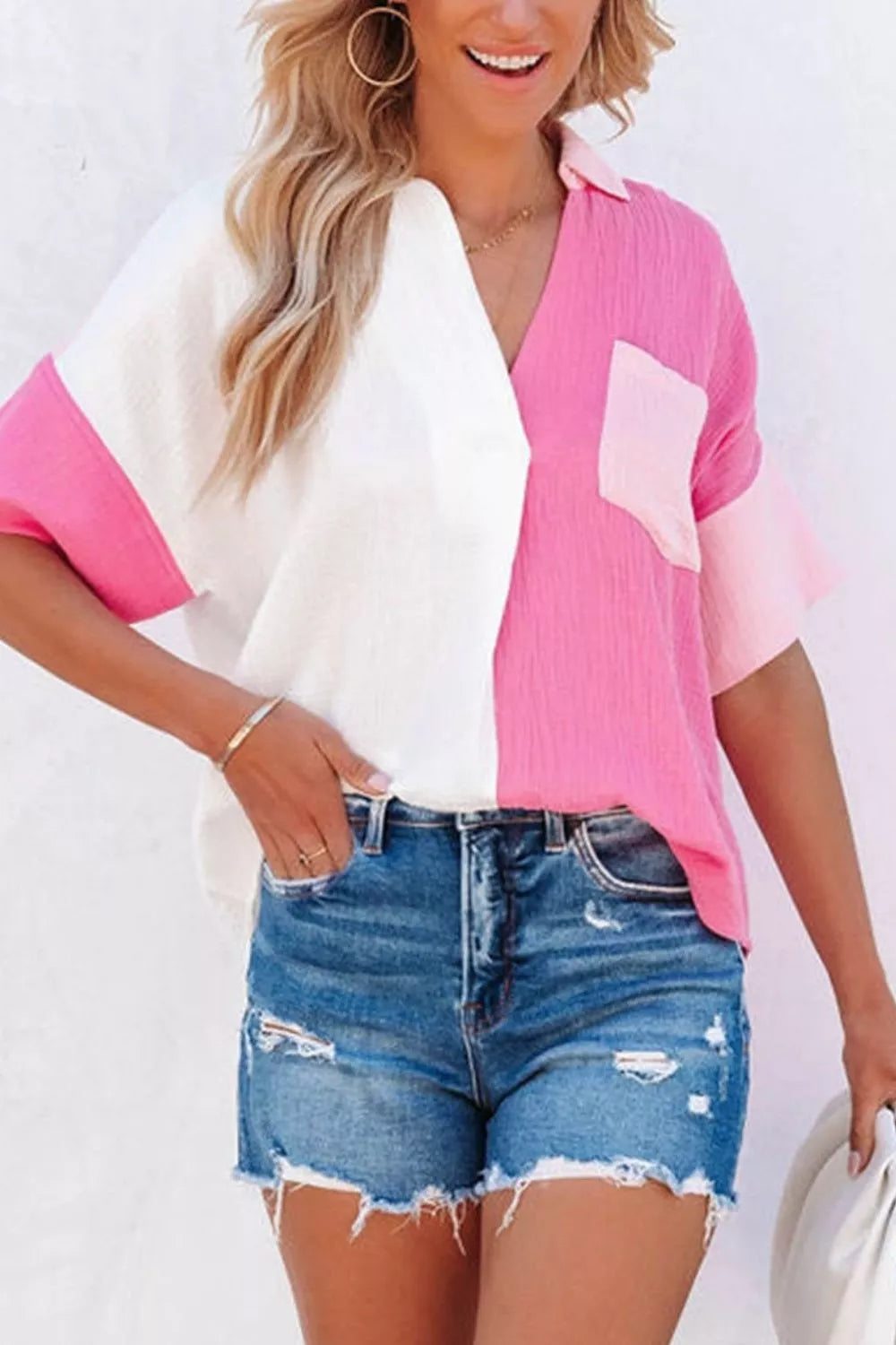 Color Block Casual Button Up Shirt - Girly Tea