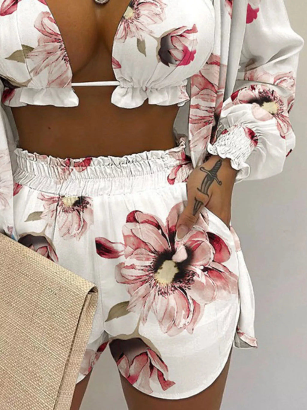 Full Size Halter Neck Cami & Shirt & Shorts 3-Piece Outfit Set Plus Size - Girly Tea
