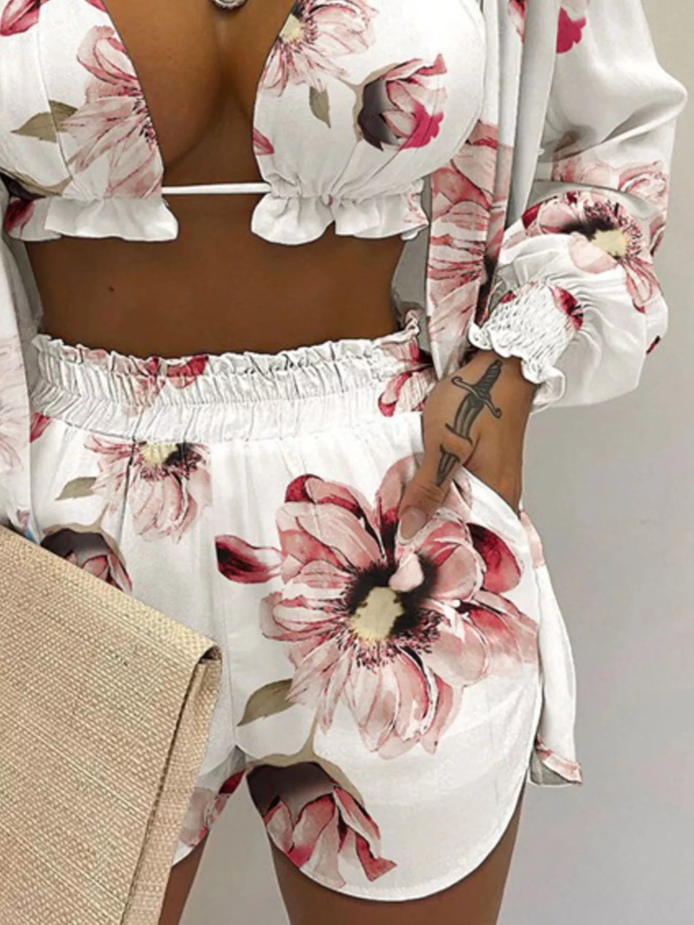 Full Size Halter Neck Cami & Shirt & Shorts 3-Piece Outfit Set Plus Size - Girly Tea